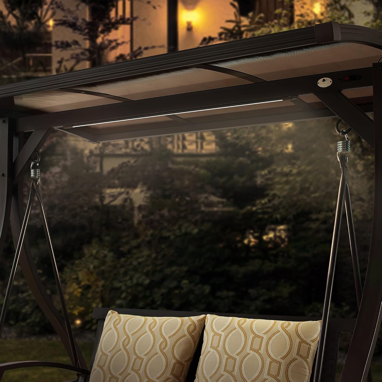 Ulax Furniture 2-Seat Outdoor Patio Swing Chair with Convertible Canopy, Solar LED Light, and 100% Solution-Dyed Acrylic Pillows - Porch Swing Glider Chair for Poolside, Garden, Balcony, Backyard
