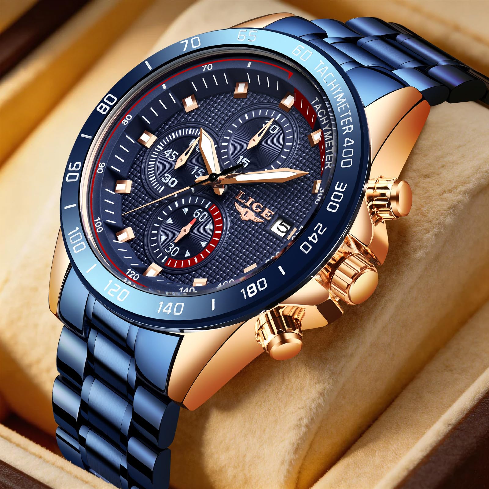 LIGE Montre Homme Chronographe Sport Étanche Acier Inoxydable d'affaires Mouvement Analogique à Quartz Montres Bracelet pour Homme
