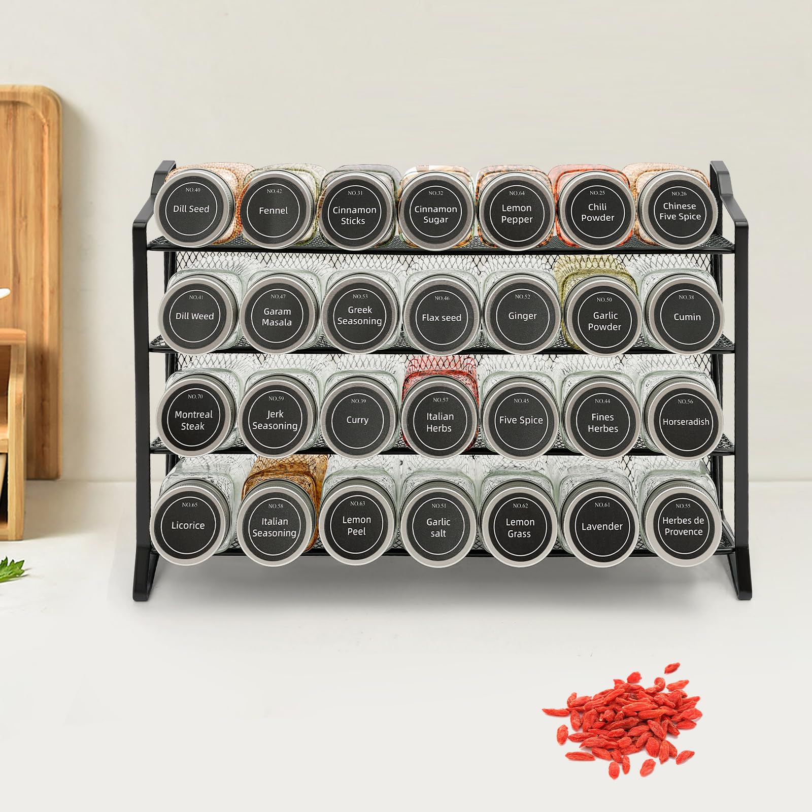 Portaspezie a 4 ripiani con 28 barattoli vuoti in vetro e 180 etichette per spezie, per cucina, armadio, dispensa, armadio, 34,5 x 10 x 23,5 cm, nero