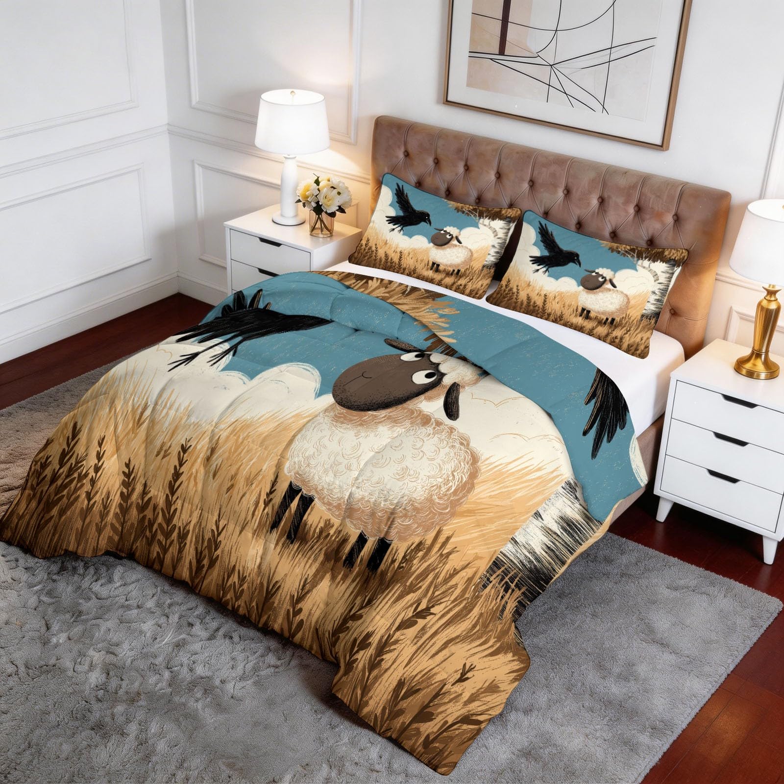 Generisch Weizenfeld Schafe Krähen Bettdecke 200 x 220 cm 4 Jahreszeiten Steppdecke, Cartoon-Tiere Waschbare Ganzjahresdecke Kinder Bettwaren Set Kinderzimmer Babyzimmer Bettdecke Ohne Bezug