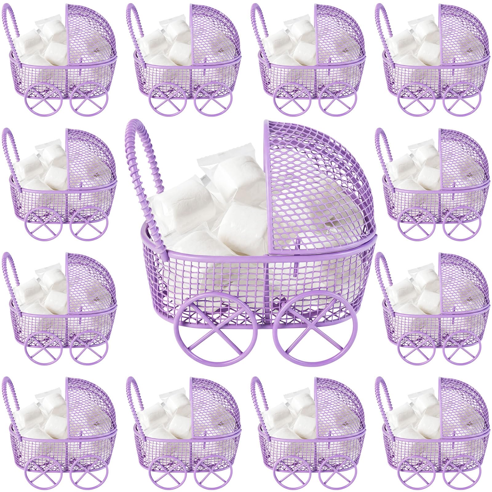 Threehoney 24 Pcs Baby Shower Mini Carriage Decoration Metal Wired Fillable Candy Stroller Baby Shower Table Centerpiece for Guest Gender Reveal Wedding Party Favor Gift (Purple)