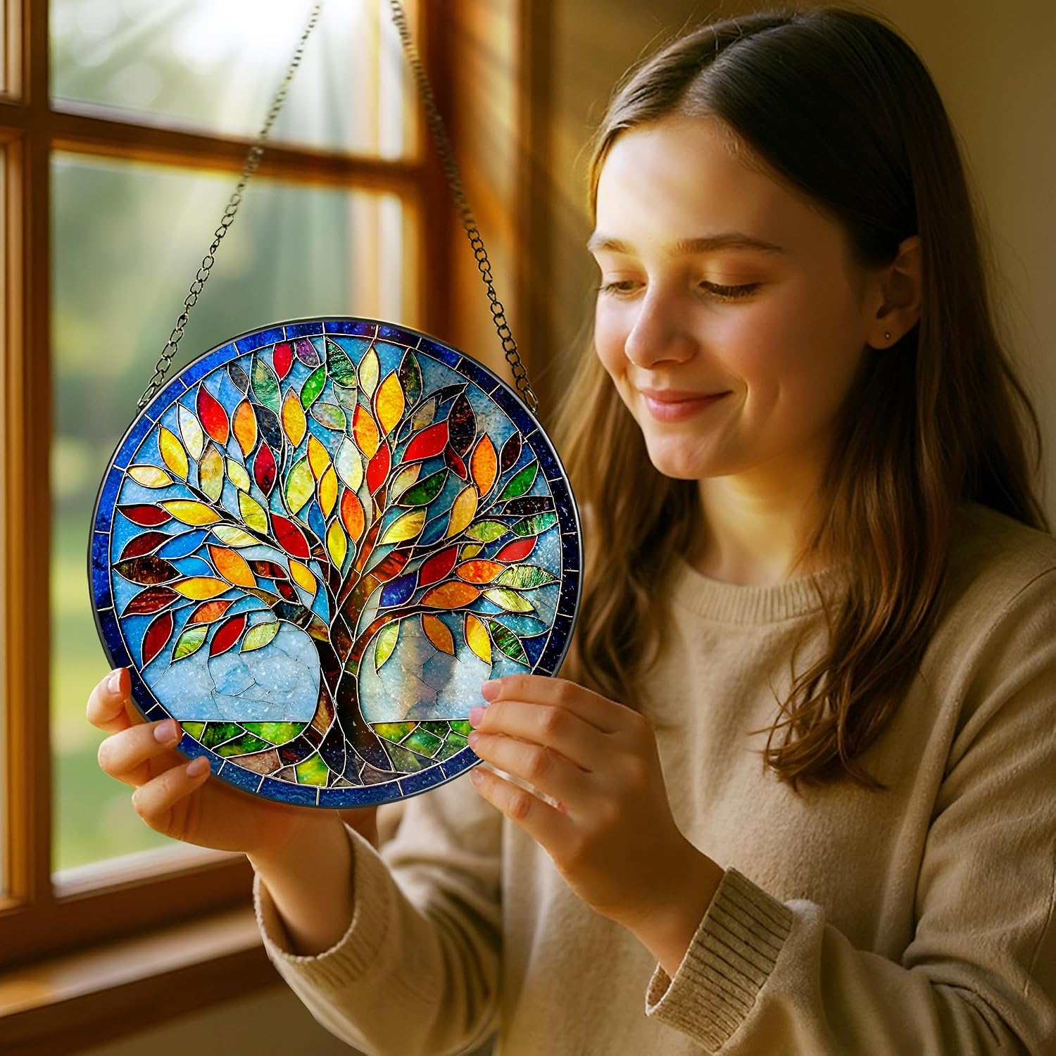 8-Inch Stained Glass Ornament, Stained Glass Window Hanging, Suncatcher Window Hanging, Home Decor, Tree of Life Ornament | Mother's Day, Christmas, Birthday, Housewarming | Gifts for Mom & Friend image 2