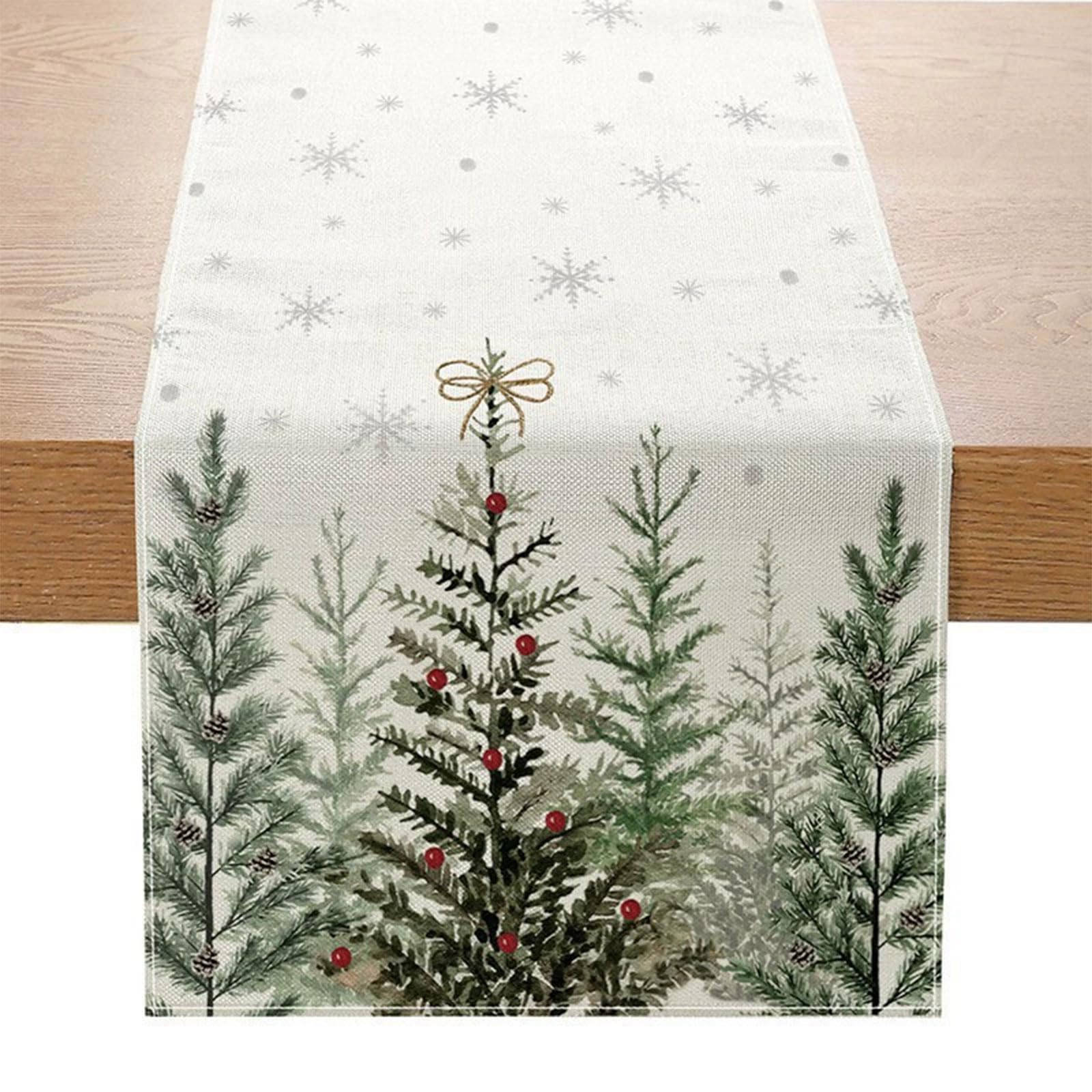 Ribsuqa White Pine Tree Snowflake Christmas Table Runner, 40X180 Cm Linen Christmas Table Runners With Xmas Tree Snowflakes Pattern, For Winter Holiday Xmas Decorations