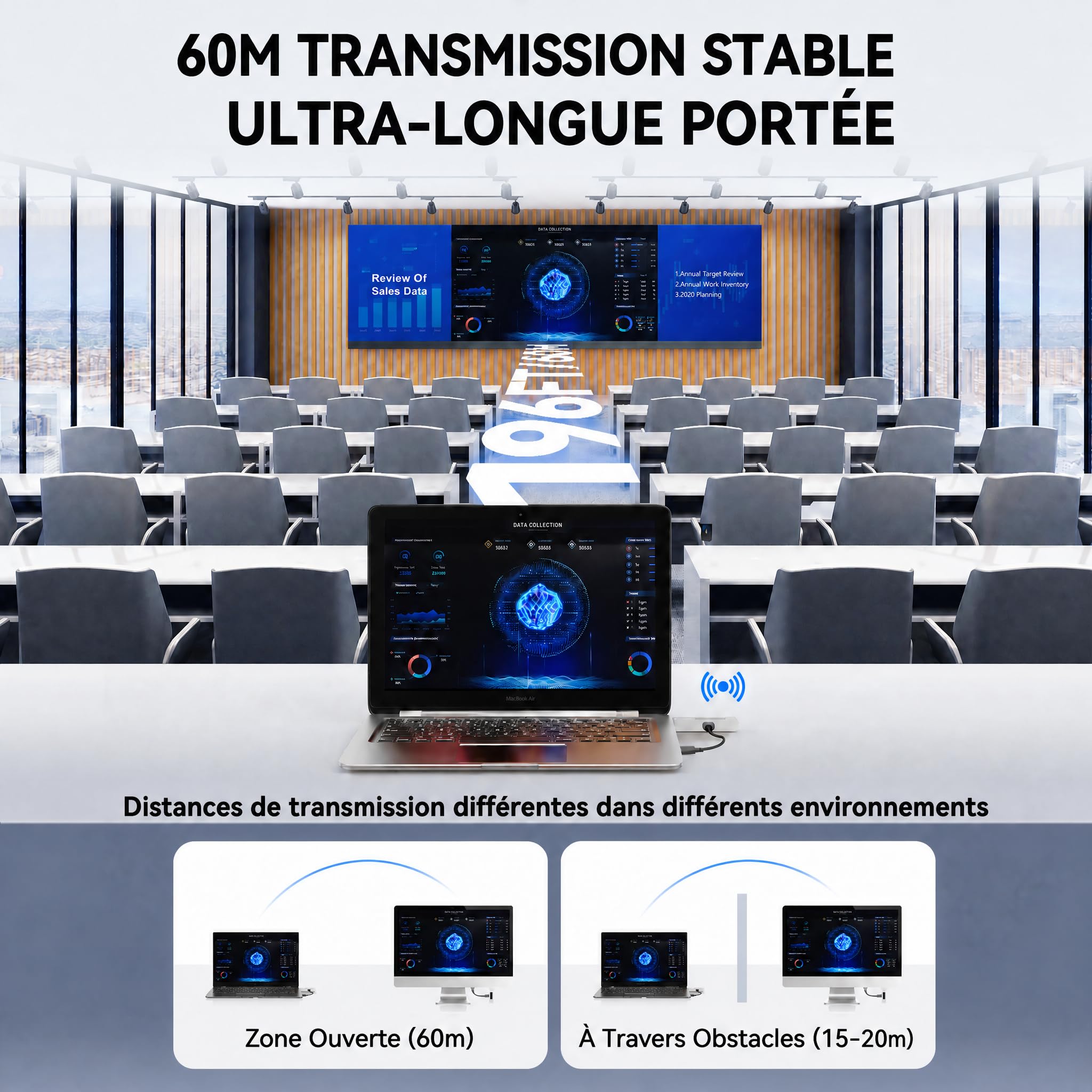 Moman Transmetteur HDMI sans Fil Transmission Stable sur 196FT Wireless HDMI Emetteur Recepteur avec écran LED Plug & Play Transmetteur from Laptop/PC/Camera (TX) to TV/Monitor/Projector (RX)
