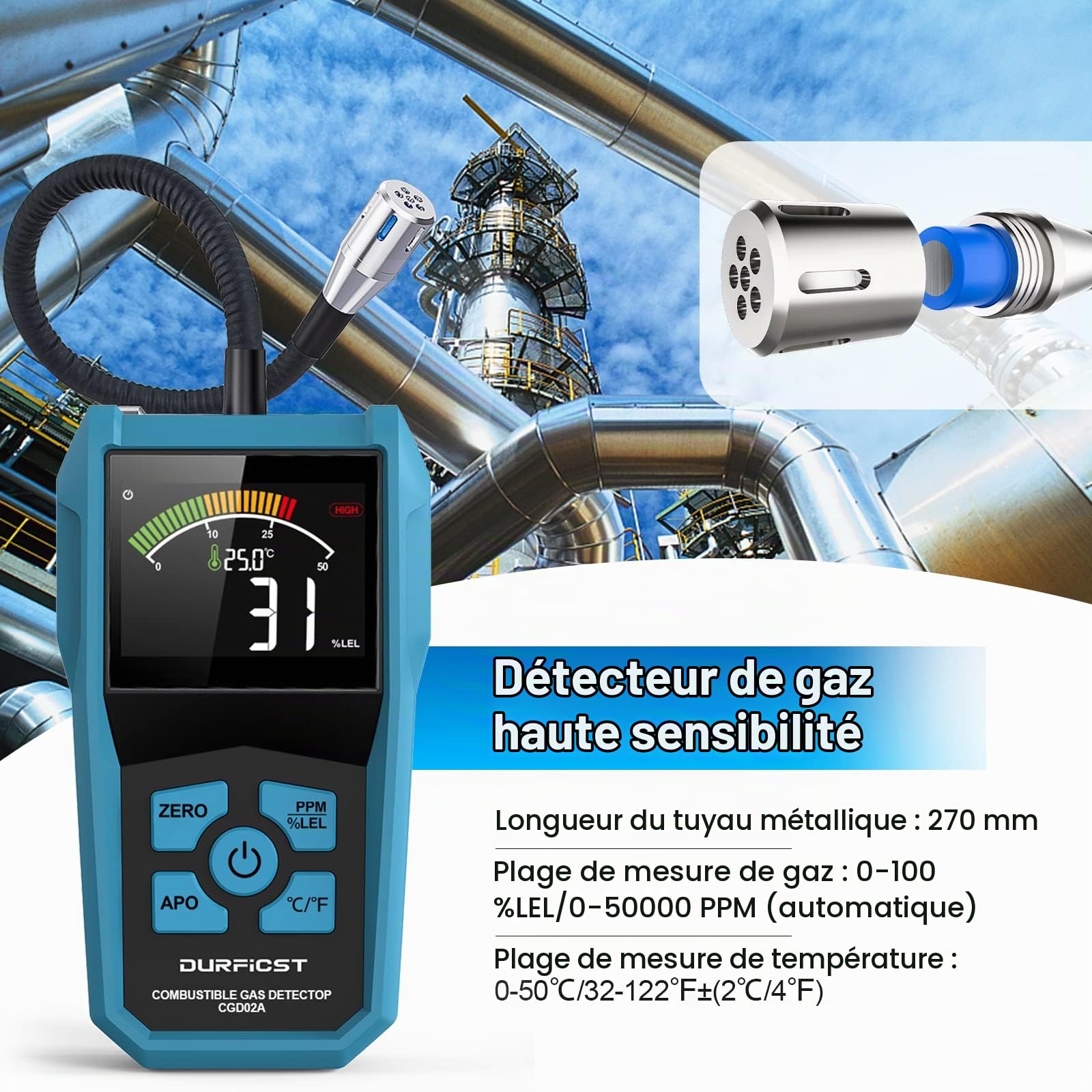 DURFICST Détecteur de Fuite, avec Alarme Détecteur de Gaz | Détecteur de Gaz Portable Camping Car pour Gaz Naturel, Gaz de Pétrole Liquéfié, Gaz de Charbon et Autres Gaz Combustibles