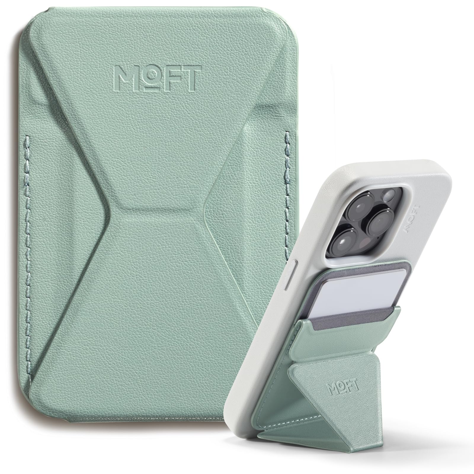 MOFT MagSafe Wallet Ständer für iPhone 17/16/15/14/13/12 Serie Kompatibel mit MagSafe, MOVAS Vegan Leder Magnetischer Handyständer mit 3 Betrachtungswinkeln, 2 Kartenhalter (Seafoam)