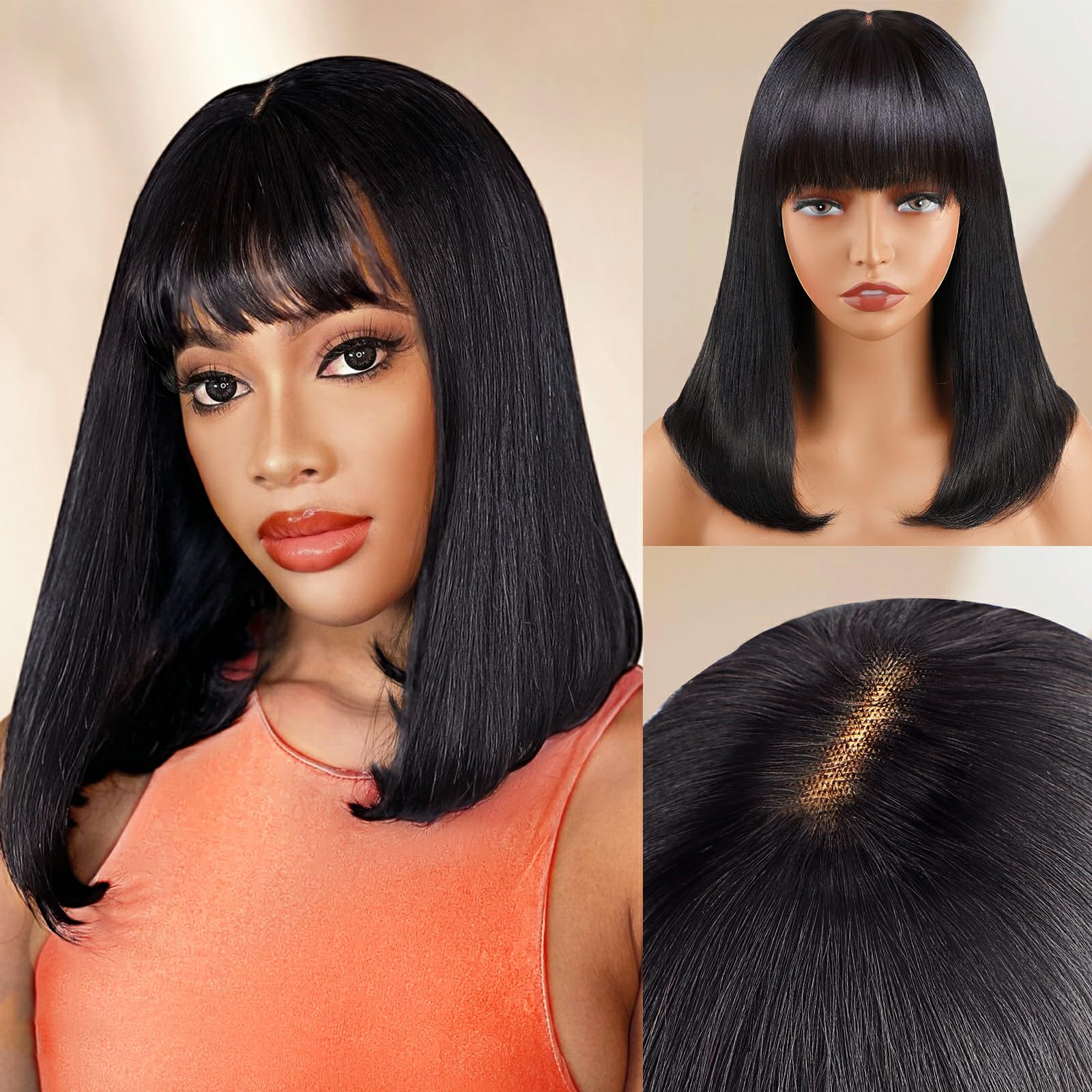 Lativ Bob Wig with Bangs Human Hair 4x2 Lace Bob Wig Human Hair with Bangs 150% Density Middle Part Natural Black(16 Inch,Bob With Bangs)