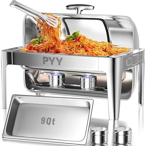 PYY Juego de bufé de platos para rozar con tapa enrollable profesional, juego de servidores de rozaduras comerciales de 9 cuartos de galón, chafers