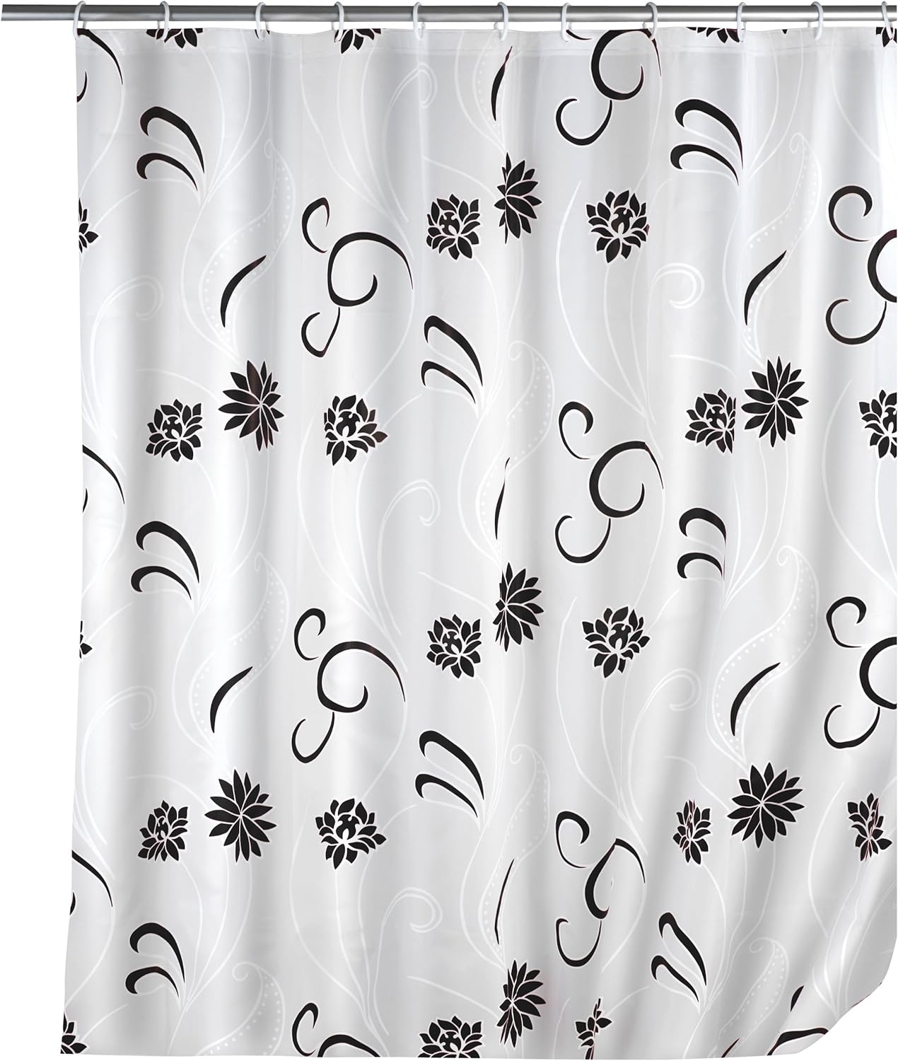 WENKO 19503100 Shower Curtain Flower Black hochwertiges Textilgewebe, waschbar, Plastic PEVA, Black