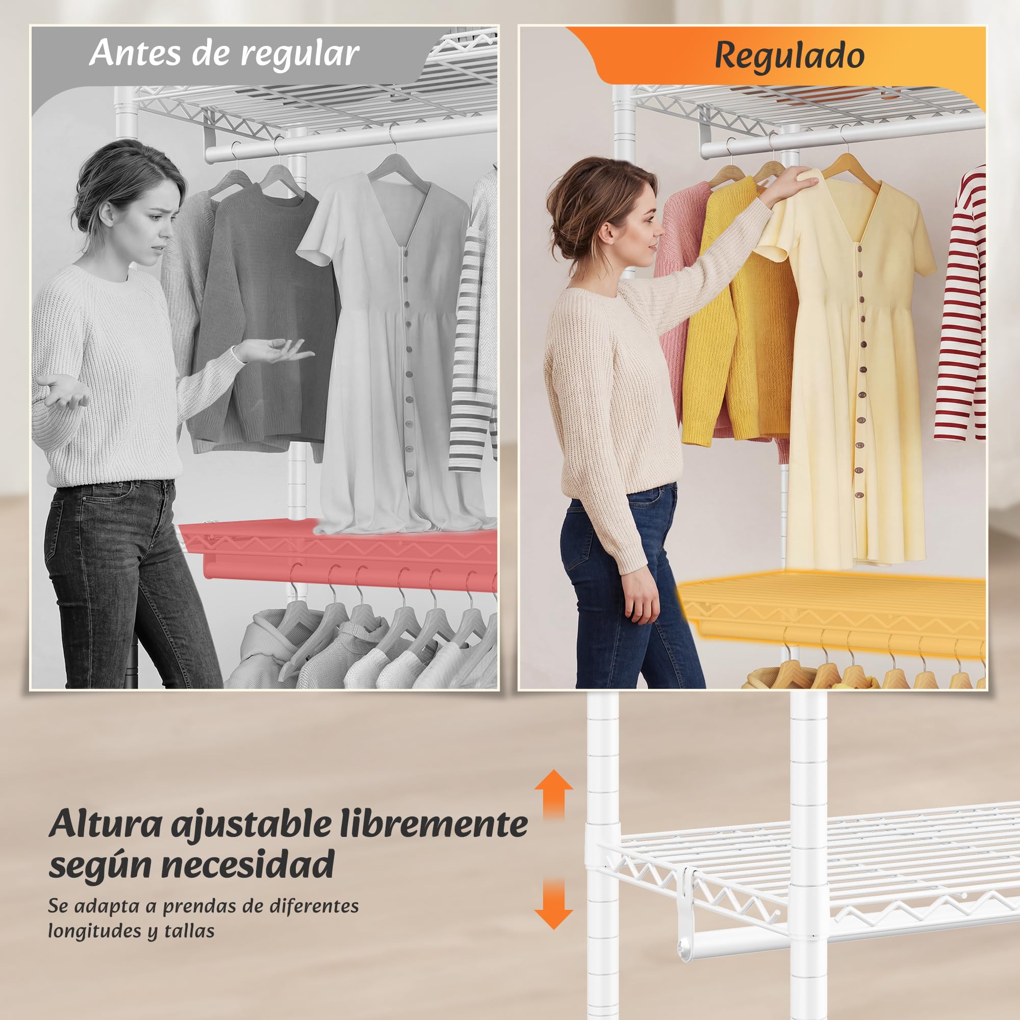 Burro ropa resistente, Armarios dormitorio metálico con 8 estantes regulables en altura, 5 barras para ropa y 1 cajón, 550 KG de carga, Perchero burro ropa, 189x45x194,5 cm, Blanco