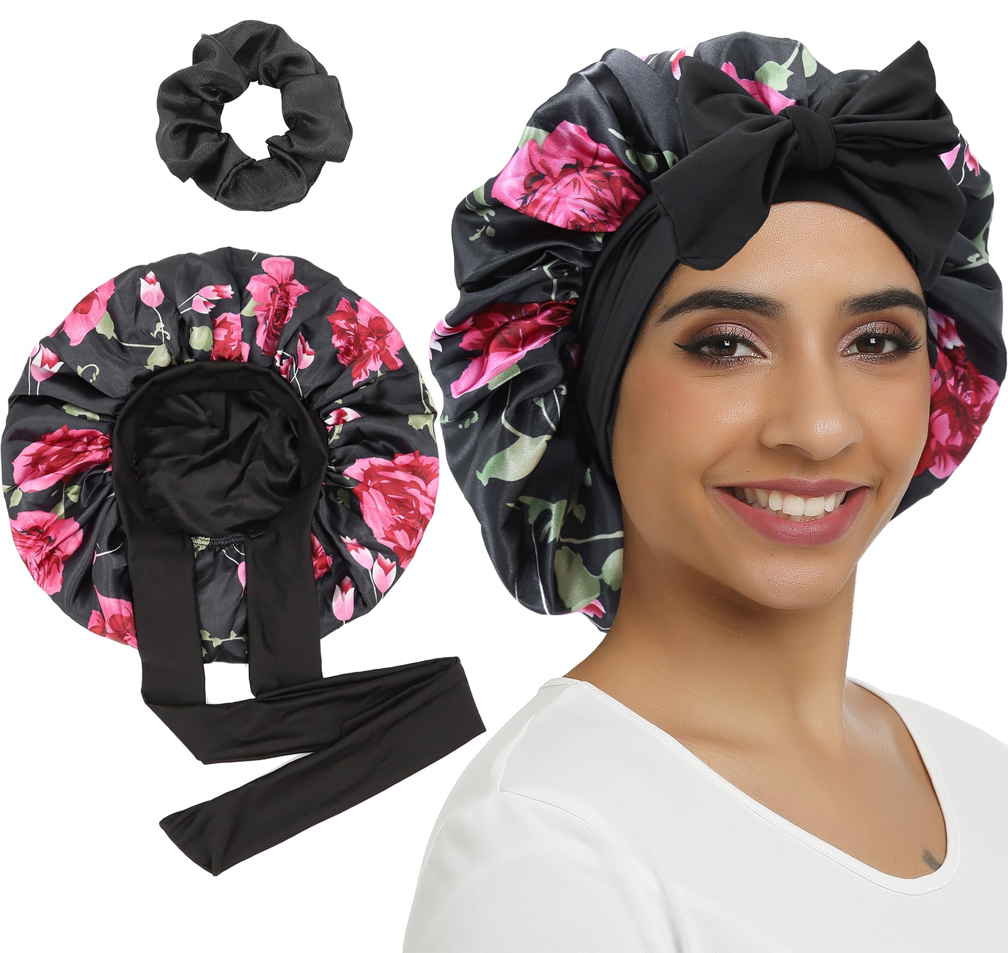 SENGTERM Gorro de satén para mujer, de seda de doble cara, con cinta elástica para pelo rizado, gorro de noche (flores negras)