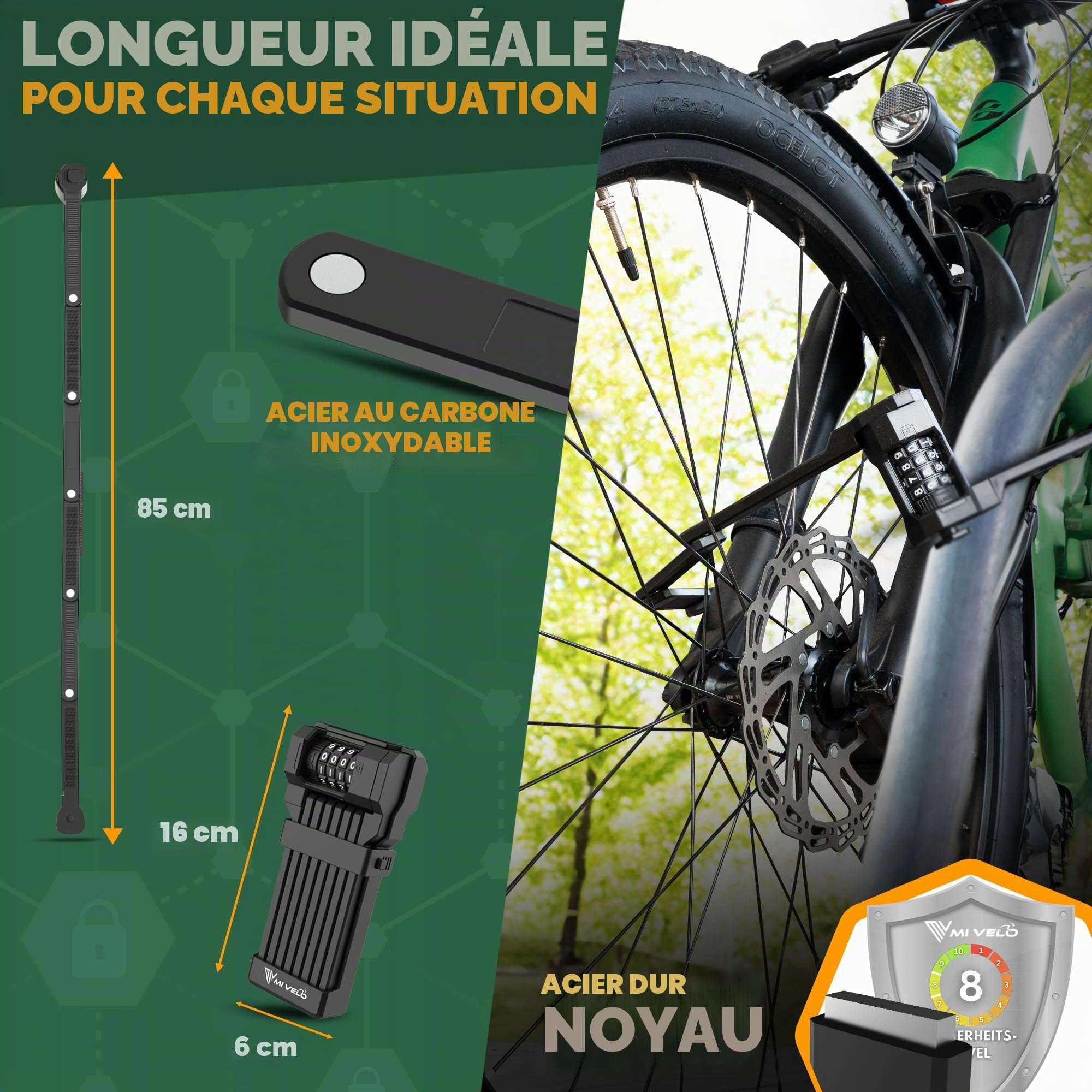MIVELO Antivol pliable pour vélo - Haute sécurité - 85 cm de long - Serrure à combinaison avec support - Idéal pour vélo électrique, VTT et vélo de route (avec code numérique)