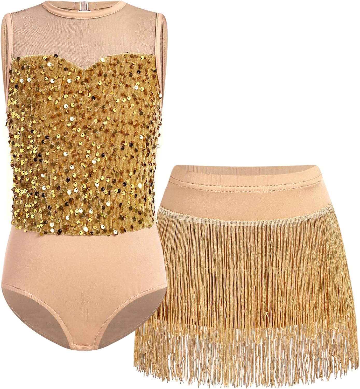 ODASDO Girls Jazz Latin Sparkle Sequins Dance Outfit Crew Neck Sleeveless Bodysuit with Tassel Fringe Skirt Two Piece Set