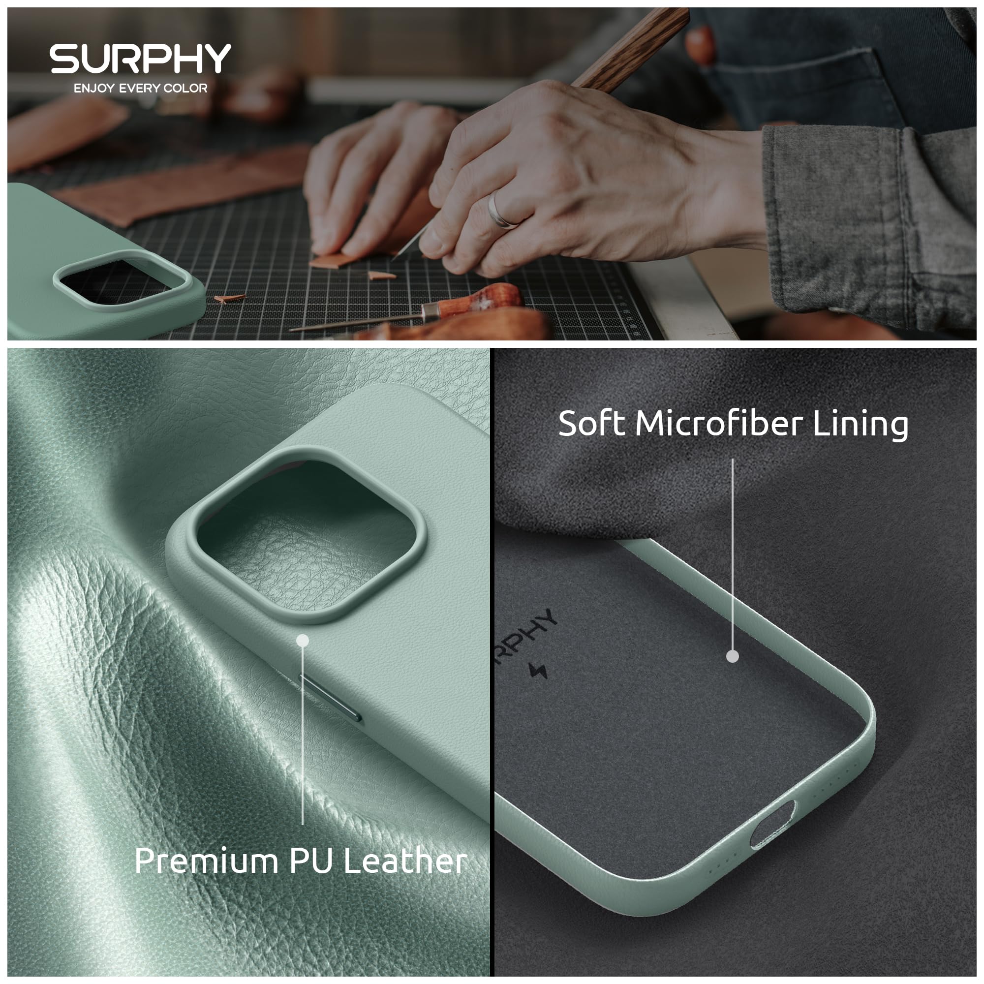SURPHY Faux Leather IPhone 15 Pro Max Case With MagSafe | Mint Green PU Leather Cover + 2 Screen Protectors