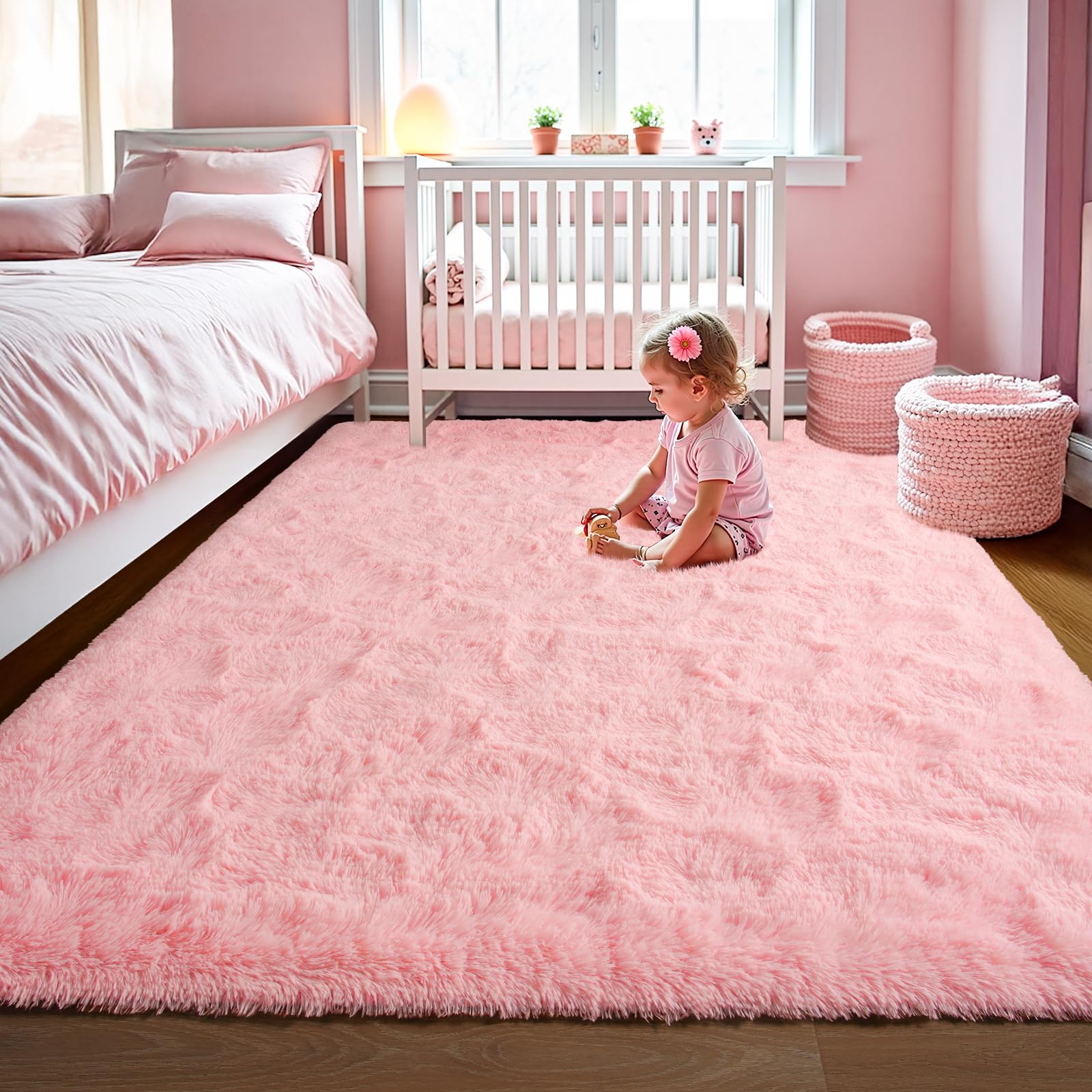 LOCHAS Ultra Soft Indoor Modern Area Rugs Fluffy Living Room Carpets for Children Bedroom Home Decor Nursery Rug 5.3x7.5 Feet, Pink