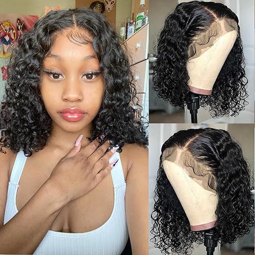 Peluca corta de cabello humano ondulado con encaje frontal, pelucas de cabello humano prearrancado de 13 x 4, pelucas de cabello humano Bob para