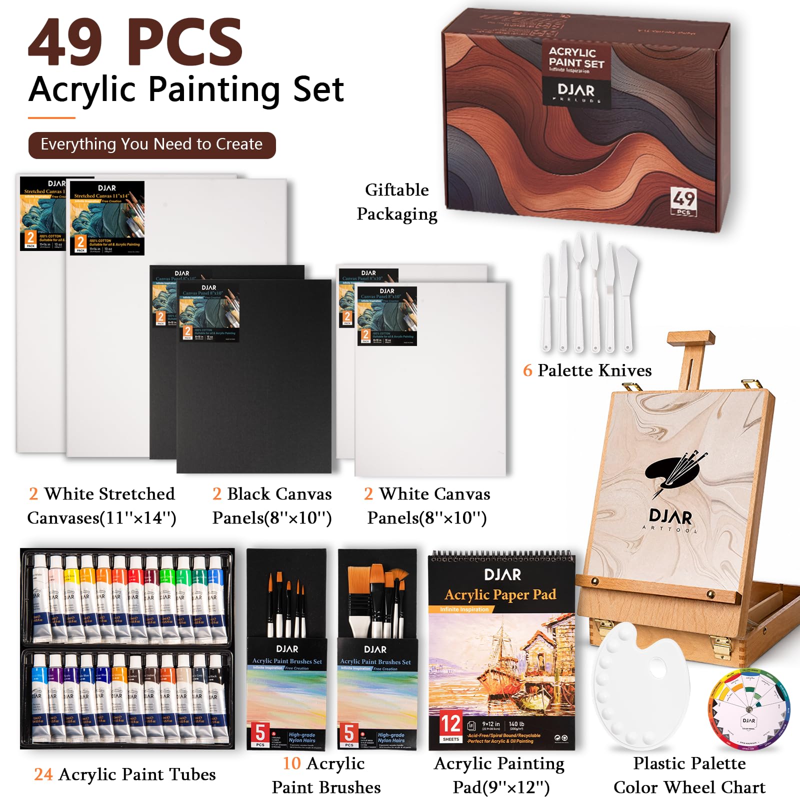 DJAR Acrylfarben-Set mit Tischstaffelei, Malsets mit 24 farbigen Acrylfarben, 27,9 x 35,6 cm, gespannte Leinwand und mehr, Kunstmalzubehör für Kinder, Erwachsene, Anfänger, Künstler