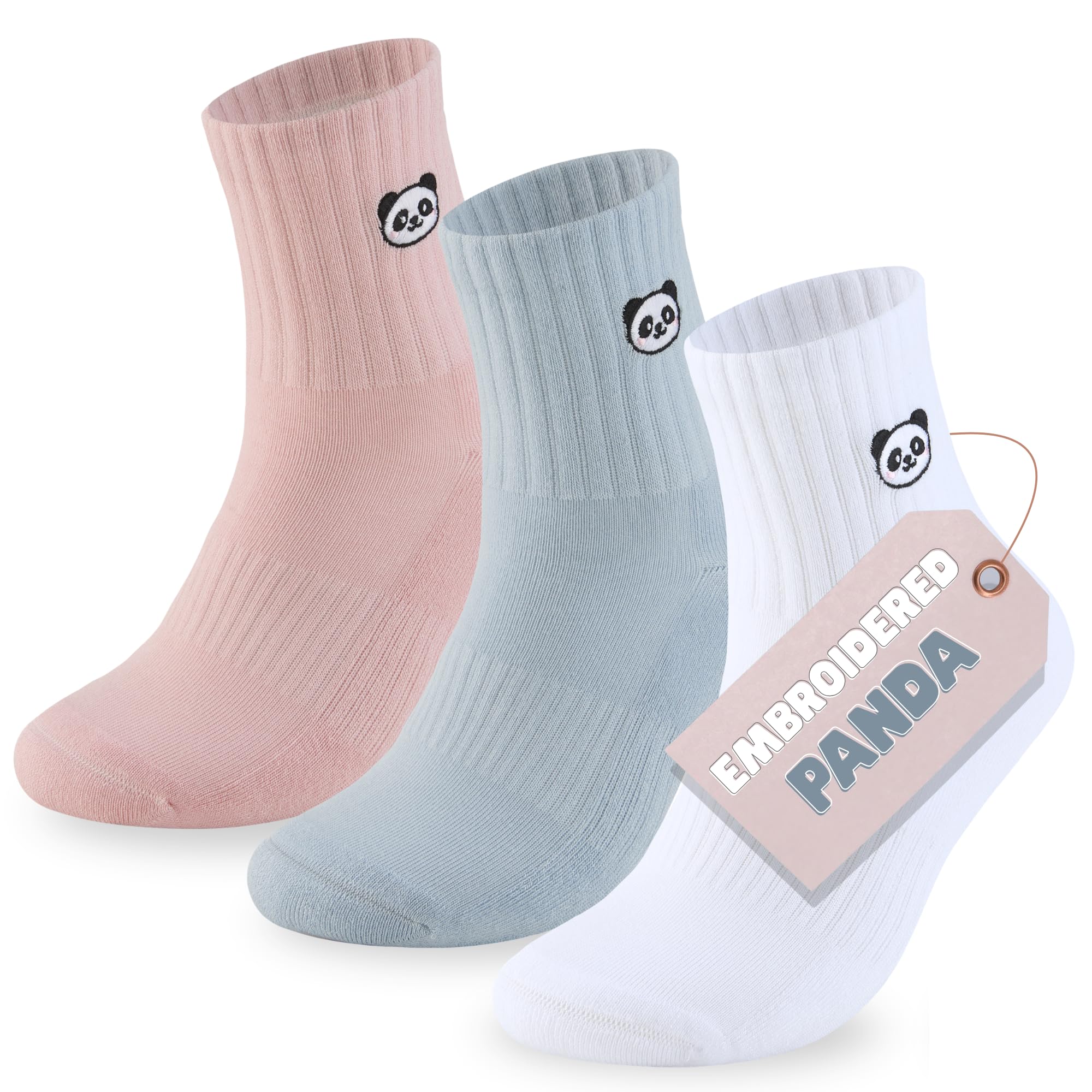 Premium Embroidered Panda Bamboo Crew Socks for Women | Seamless, Cushioned, Breathable, Cosy | 3 Pairs | UK 4-8 | Mixed