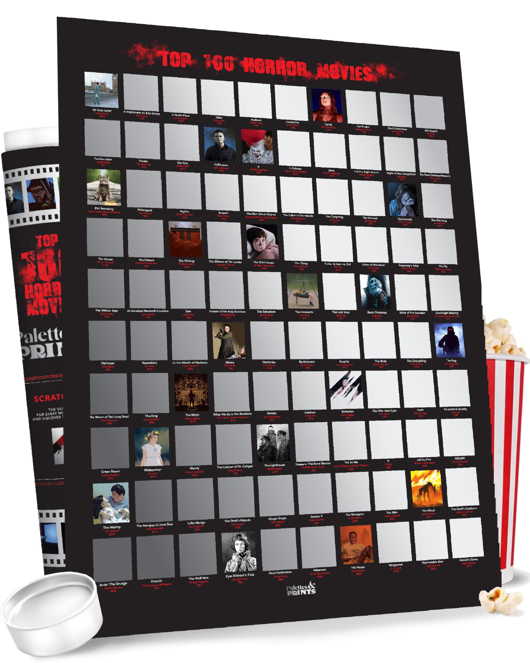 Top 100 Horror Movies Scratch Off Poster – Horror Movie Posters - Stunning Artwork by Hand - Scary Posters for Movie Poster Collectors - Scary Gifts for Men & Women (16.5" x 23.4", Unframed A2)