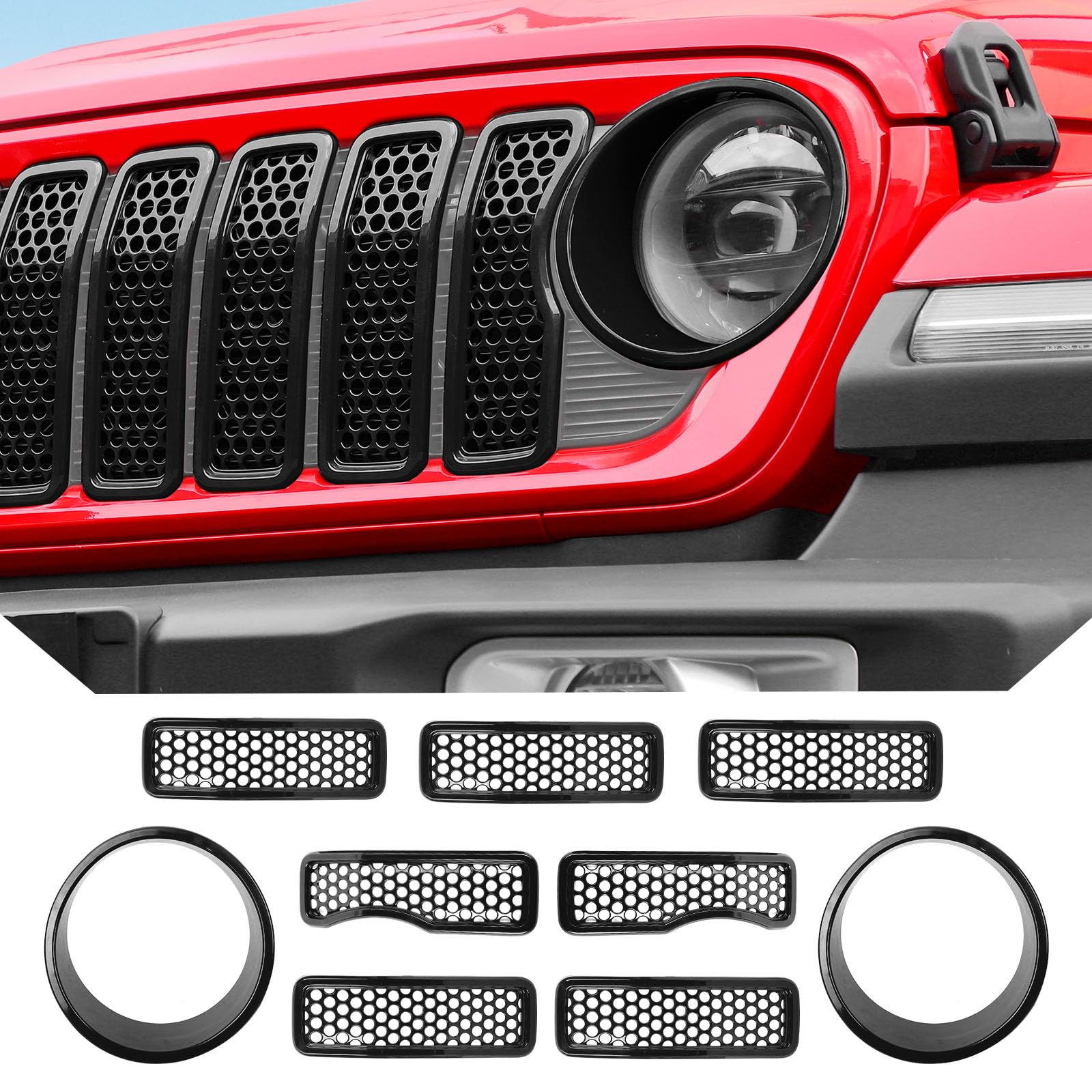 JeCar Mesh Grill Inserts for Jeep Wrangler JL 2024+ Grill Covers & Headlight Covers trim Kit Accessories (Black C)