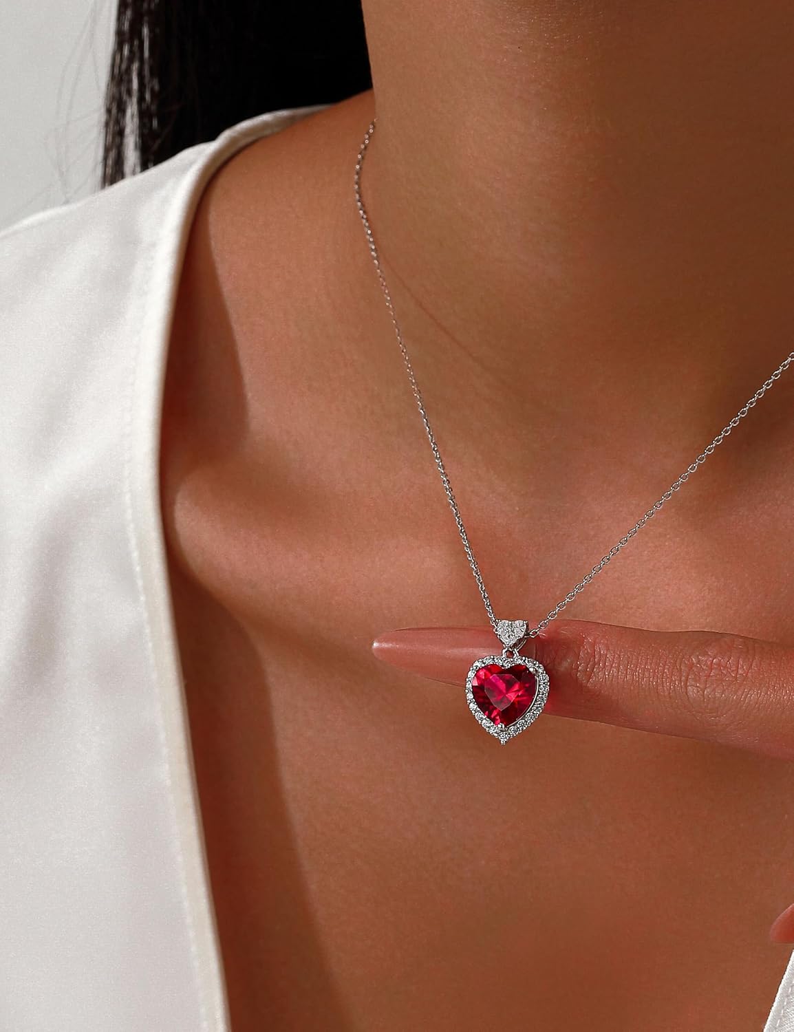 925 Sterling Silver Lab-Created Gemstone Necklace for Women, Birthstone Necklace Heart Shape Pendant, Adjustable Chain up 19"