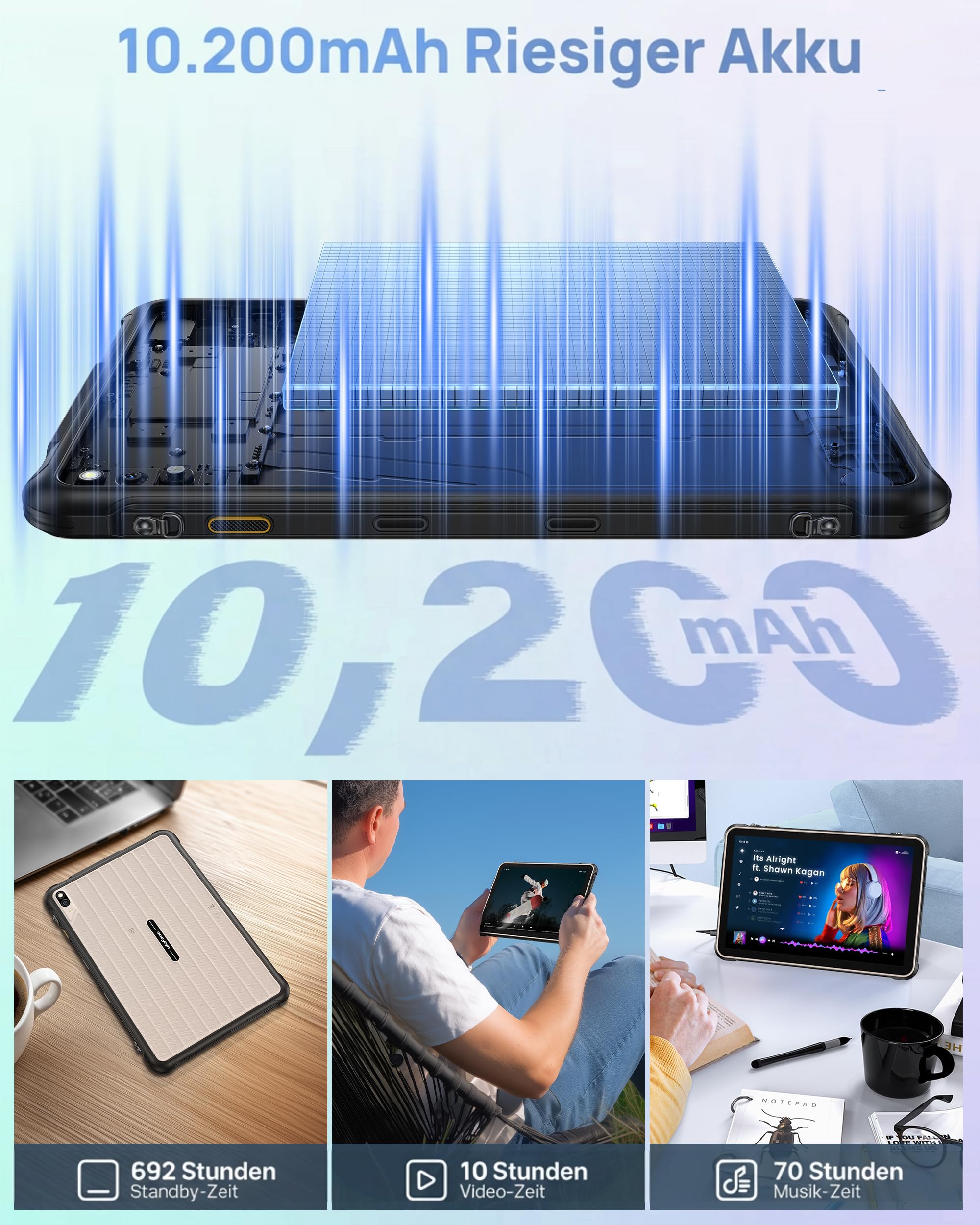 Ulefone Rugking Pad 2 Pro Outdoor Tablet Android 16, eSIM 16+128GB/2TB 10200mAh Rugged Tablet 10.1" 8+48MP Tablet 90Hz IP68/IP69K Wasserdicht Stoßfest, Dual SIM 4G/2.4G/5G WiFi/GPS/NFC/OTG Grau