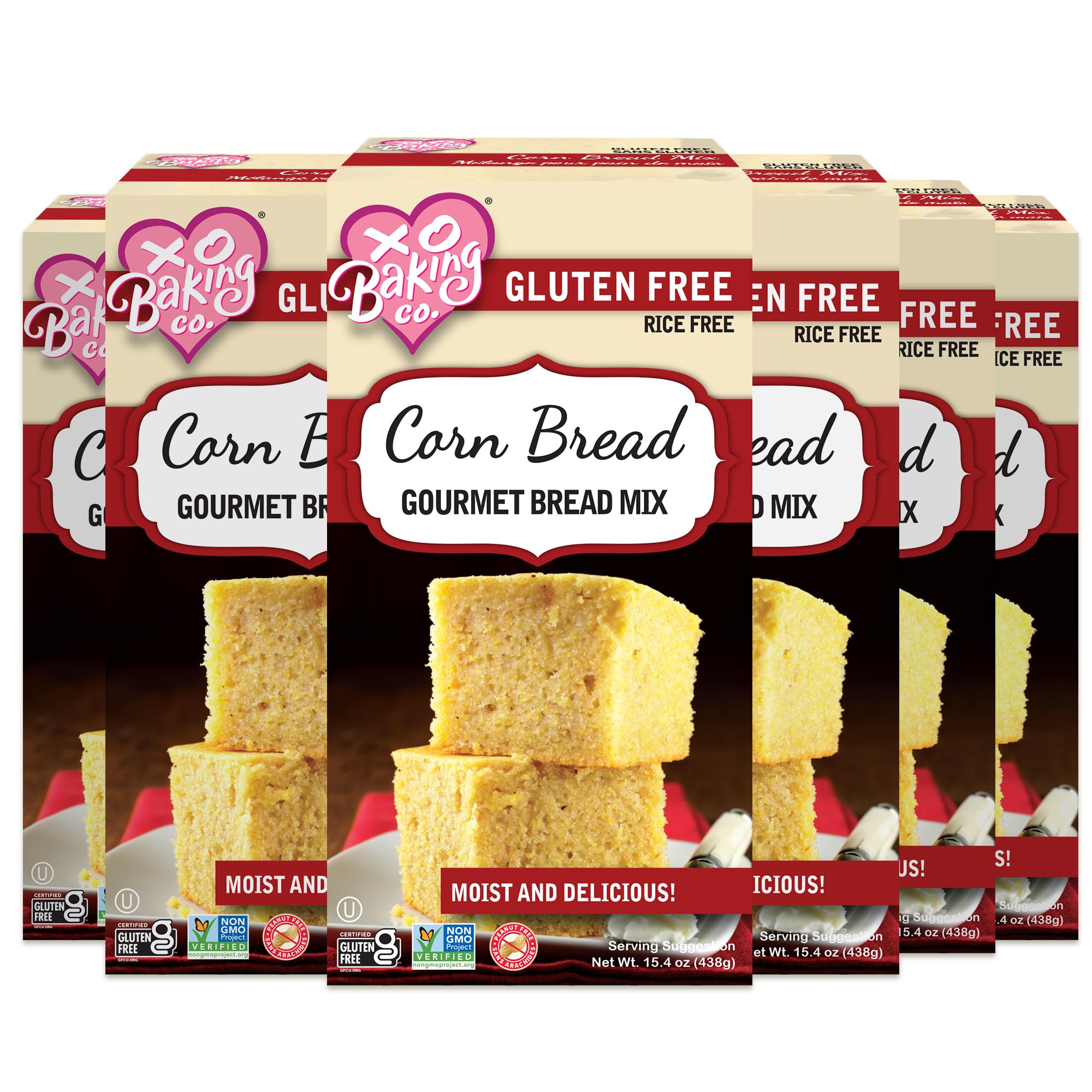 XO Baking Co. Gluten Free Gourmet Cornbread Mix; Non GMO; Kosher; Rice Free; Dairy Free, Peanut Free; Soy Free, No Preservatives; No Artificial Flavors or Colors, 15.4oz (Pack of 6)