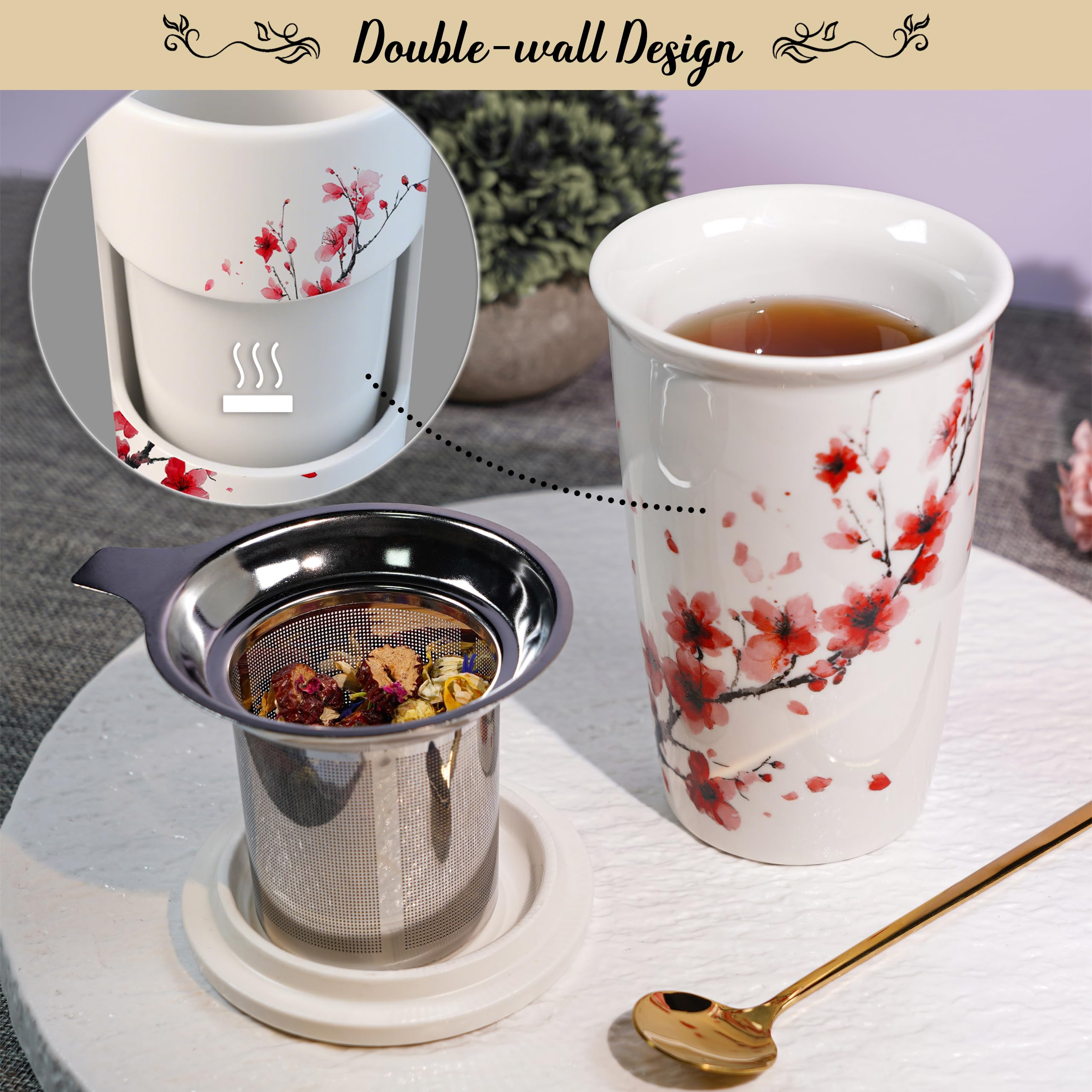 Harmoleaf Coffret cadeau Discovery Collection – 6 mélanges artisanaux à base de plantes avec tasse en céramique à double paroi, cuillère à mélanger et passoire | Échantillon de thé en vrac bio