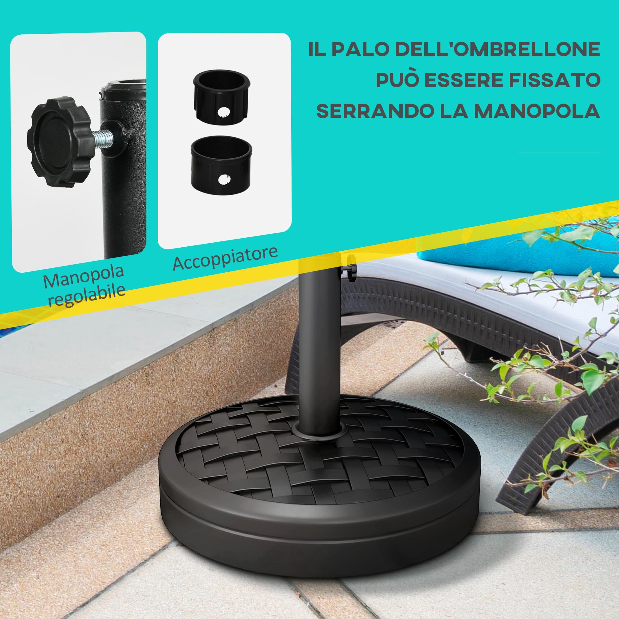 Base Per Ombrellone Outsunny 18 Kg Con Manovella E Intreccio Elegante – Per Pali Da 38/48 Mm, Stabile E Resistente