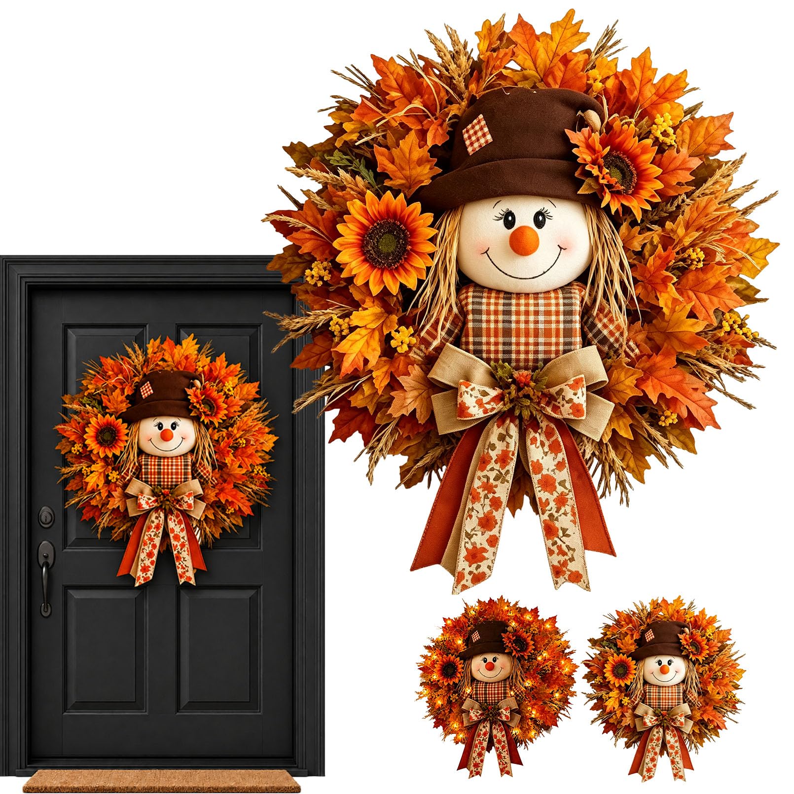 Lighted Scarecrow Fall Wreath – Autumn Front Door Decor with Sunflowers (With Lights-B)
