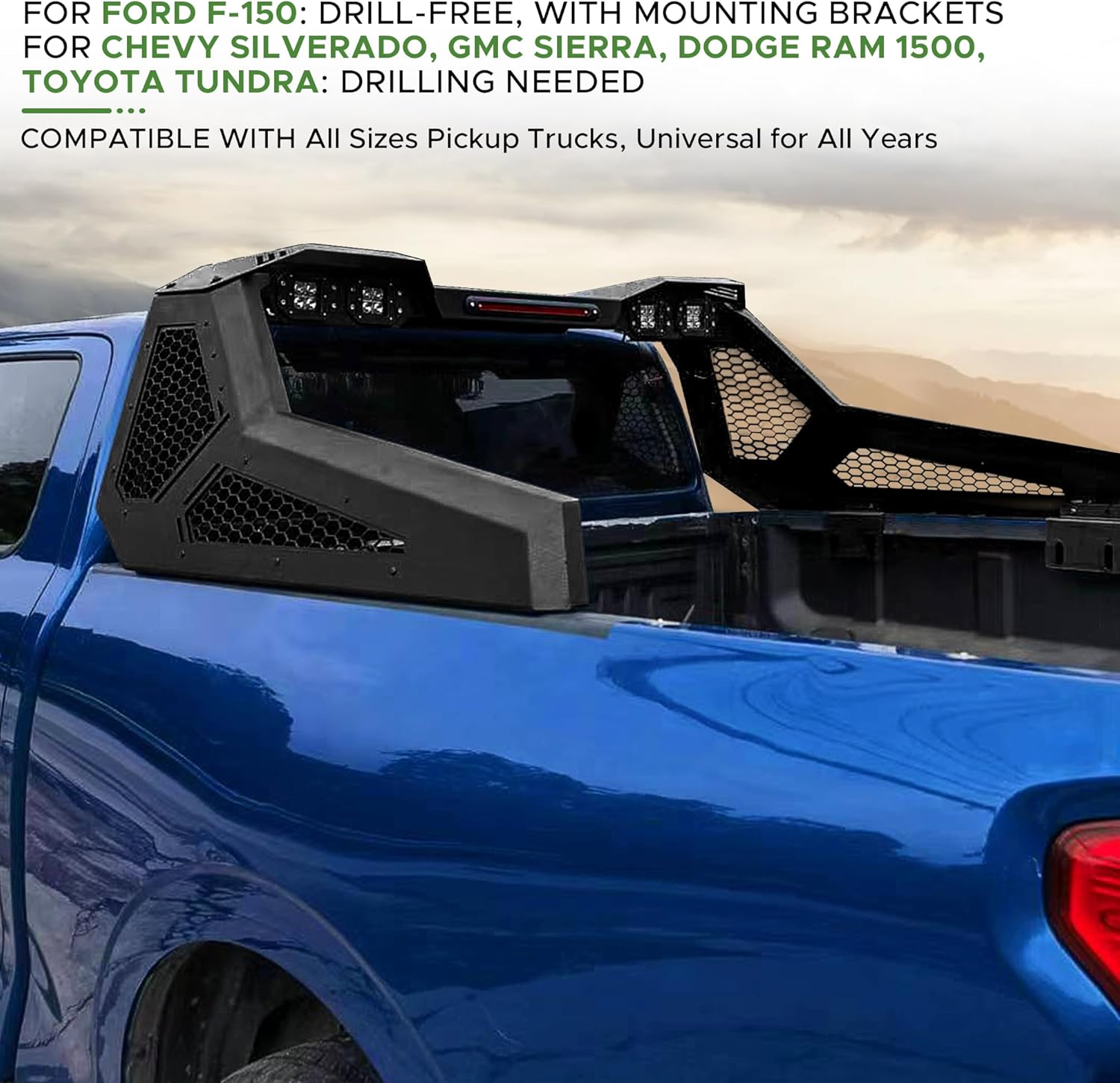 Roll Bar for Pickup Truck, Universal Headache Rack Adjustable Chase Rack Sport Bar Roll Cage Fit for Tacoma Gladiator F150 Sierra Silverado Ram Tundra Carbon Steel, Include 4 Tail Lamp, Black