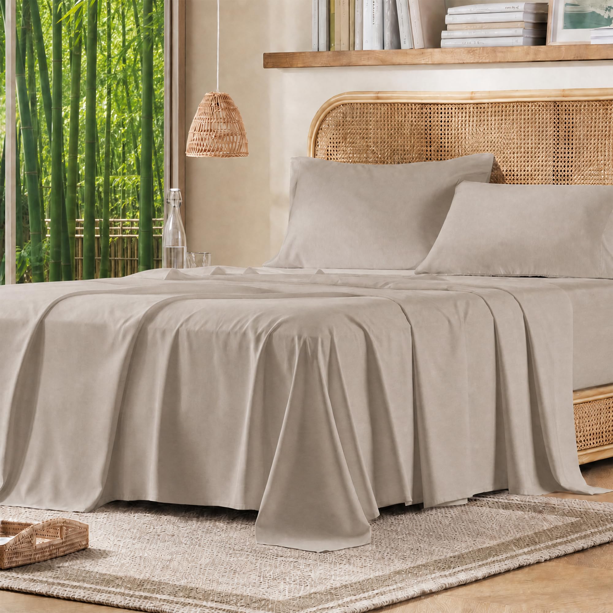 Comfort Spaces Comfort Spaces Cooling Sheet Set Poly X Rayon Blend (Rayon Derived from Bamboo), Soft, Silky, Lustrous, Heathered Finish Queen Sheets for Summer All Season Sheet Set, Queen, Beige, 4 Piece, Beige, Queen