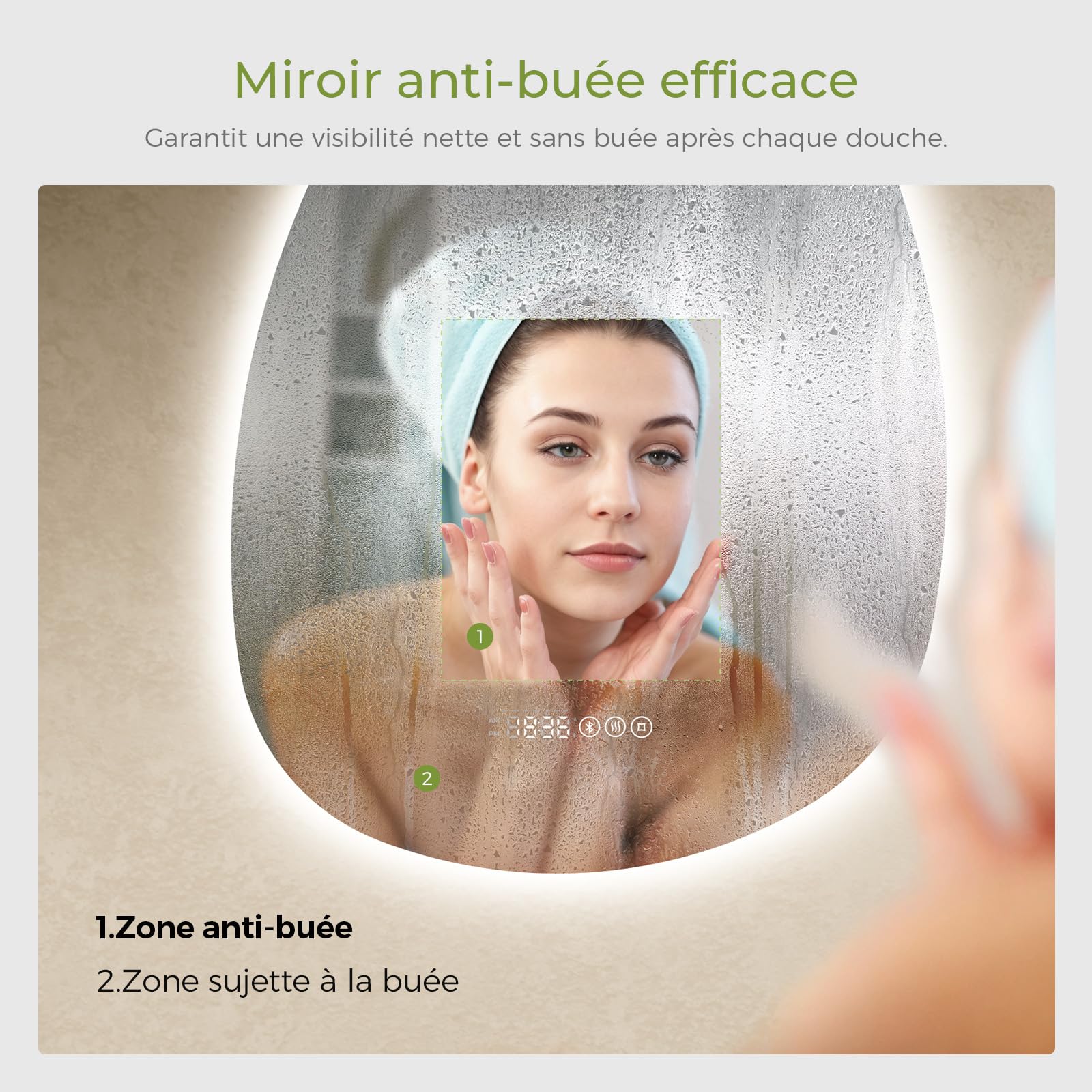 S'AFIELINA Miroir LED Asymétrique Salle De Bain 60x45 Cm – Éclairage 3 Couleurs, Antibuée, Bluetooth, Horloge, Dimmer Tactile