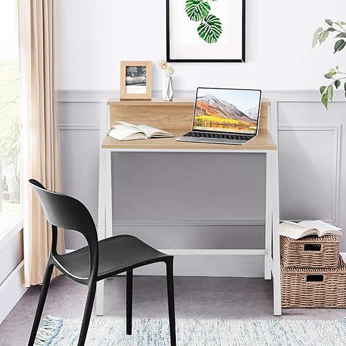 Miniatura 13 de Tangkula Escritorio pequeño para computadora, escritorio compacto para oficina en casa con marco resistente, mesa de estudio de 2 niveles para