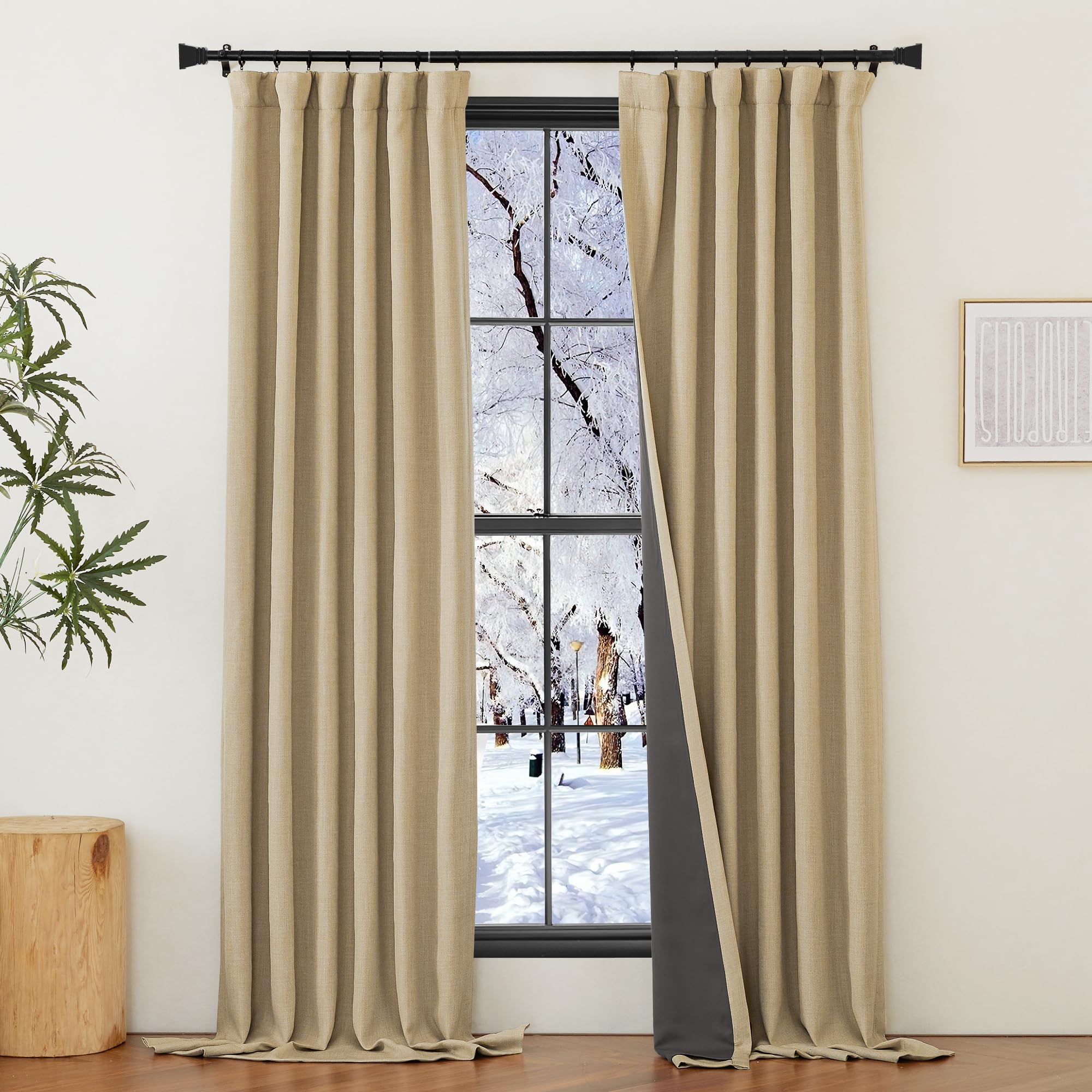 NICETOWN Faux Linen Oatmeal Blackout Thermal Curtains 84 inches Long, Rod Pocket/Back Tab/Hook Belt Sound Reducing Room Darkening Window Treatments for Farmhouse, W50 x L84, 2 Pieces