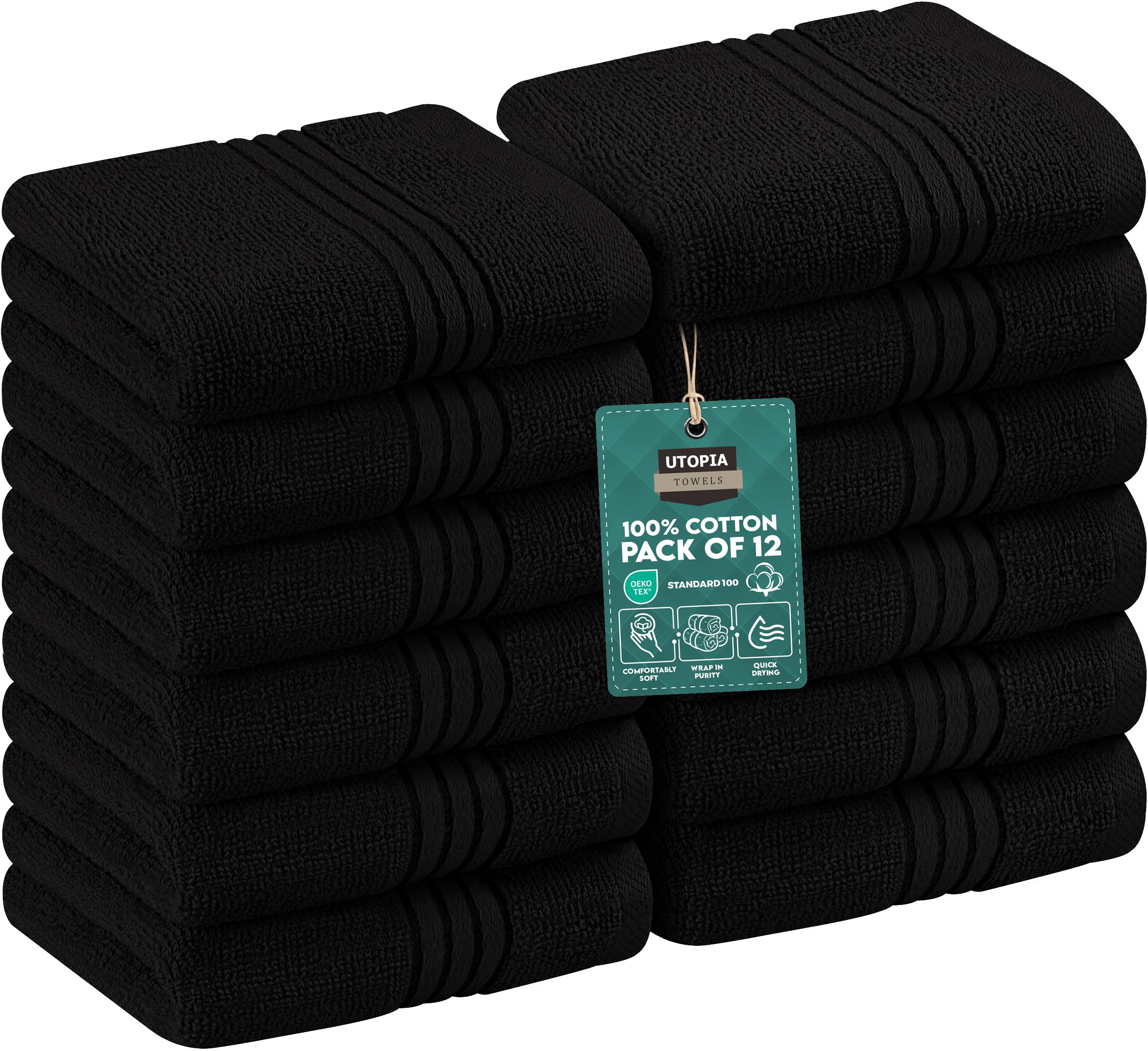 Utopia Towels - 12 Pack Luxury Wash Cloths Set (30 x 30 CM) 100% Cotton Ring Spun, Highly Absorbent and Soft Feel Washcloths for Bathroom, Spa, Gym, and Face Towel (Black)