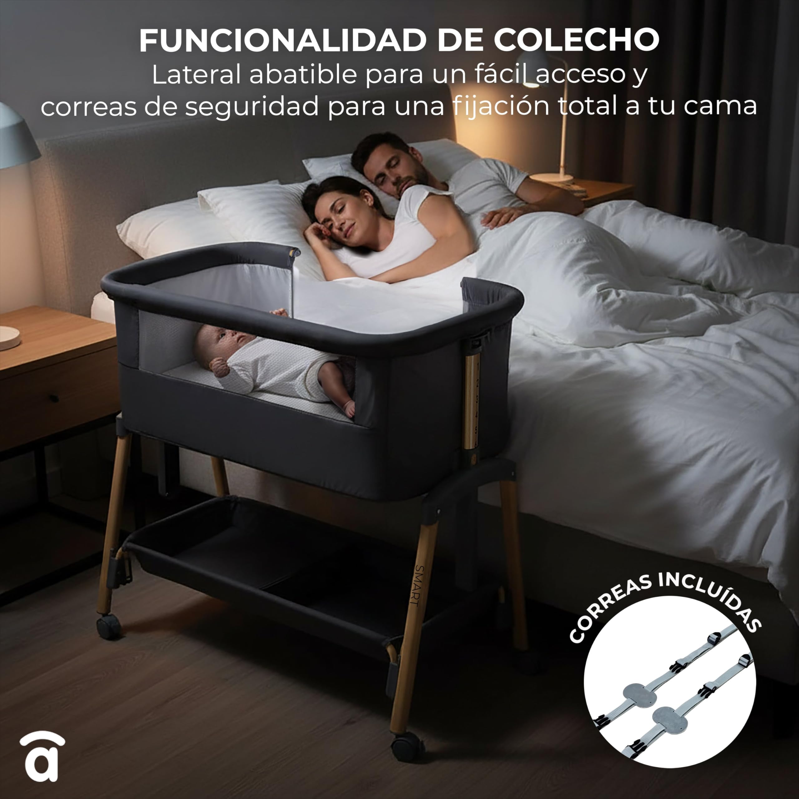 Asalvo Smart - Lettino 2 in 1 con 7 altezze regolabili, ruote con freni, materasso incluso, mini culla per neonati (beige)