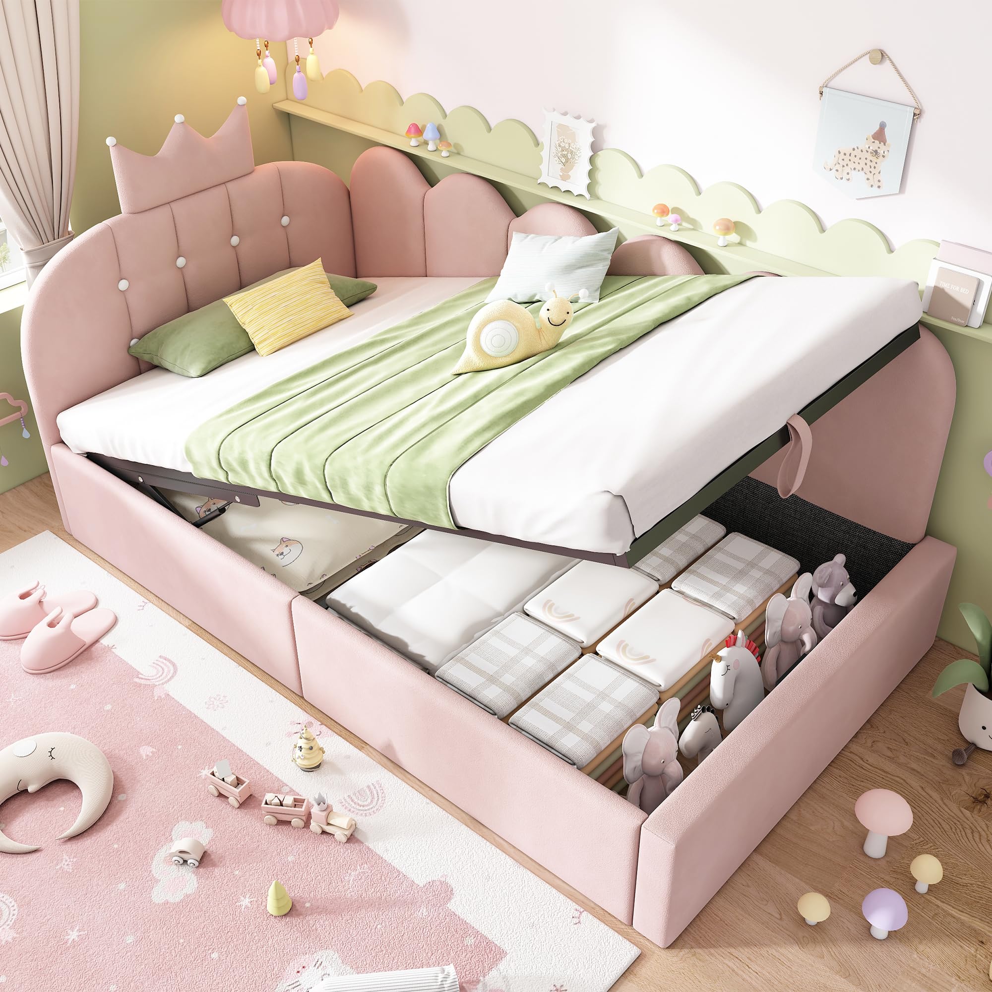 Mrwoo Cama día 90x190 cm con Almacenamiento Hidráulico, Sofá Cama con Diseño de Corona y Rejilla, Cama Infantil, Terciopelo, Rosa(Sin Colchón)