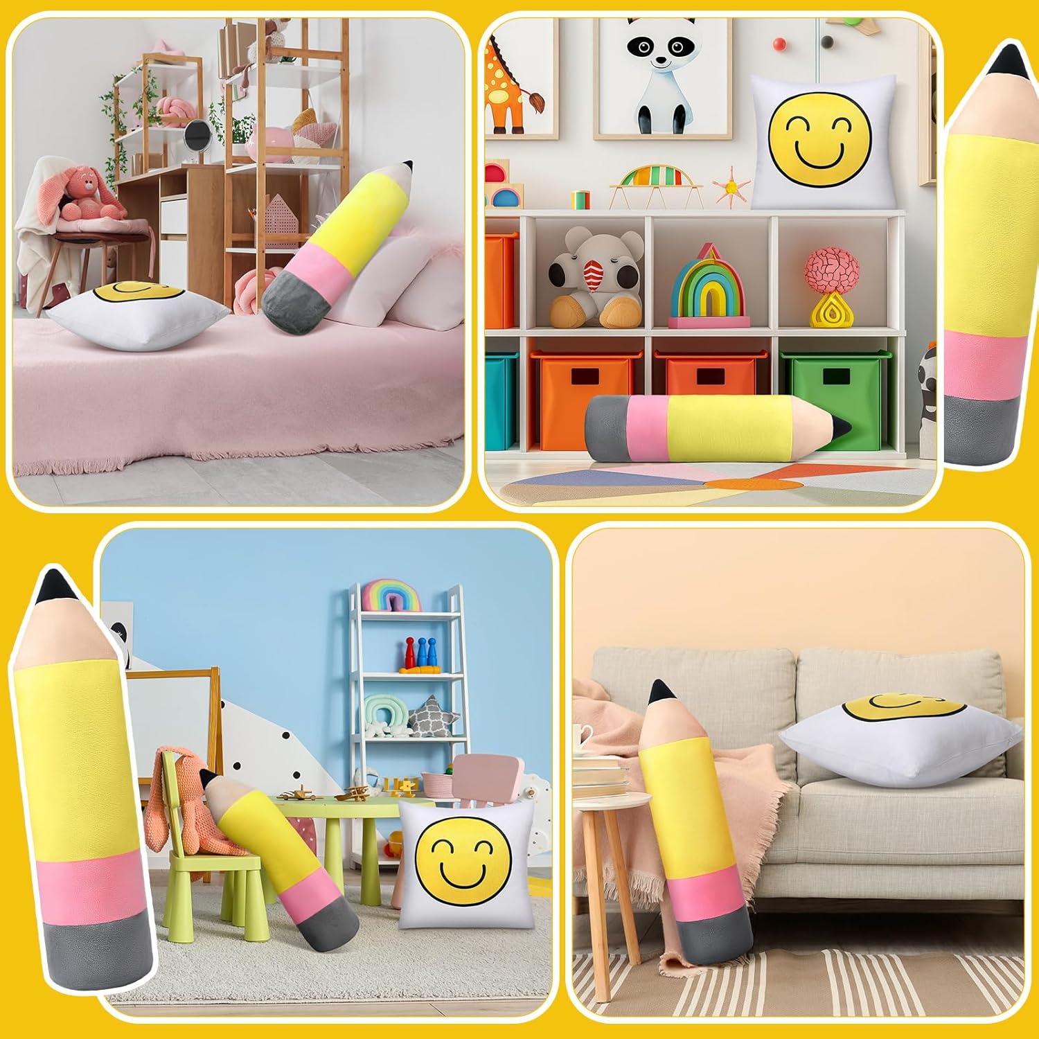 Beeveer 2 Pcs Large Pencil Pillow and Smiling Face Cushion Cute Classroom Pillows Welcome Back School Cushion Cute Pencil Plush Decor for School Classroom Reading Corner Plush Decoration Teacher Gift