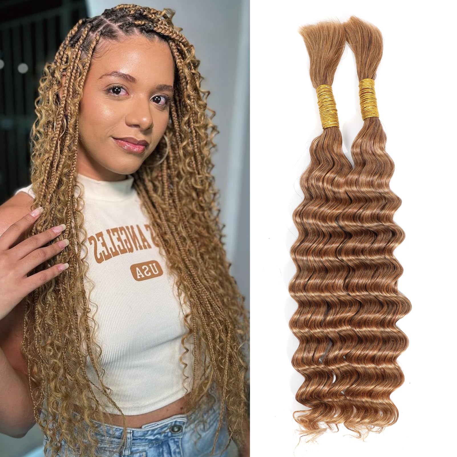 Yacurcur Human Braiding Hair Deep Wave No Weft 10A Brazilian Virgin Curly Human Hair Extensions for Boho Braids 20 Inch (100g 27#)
