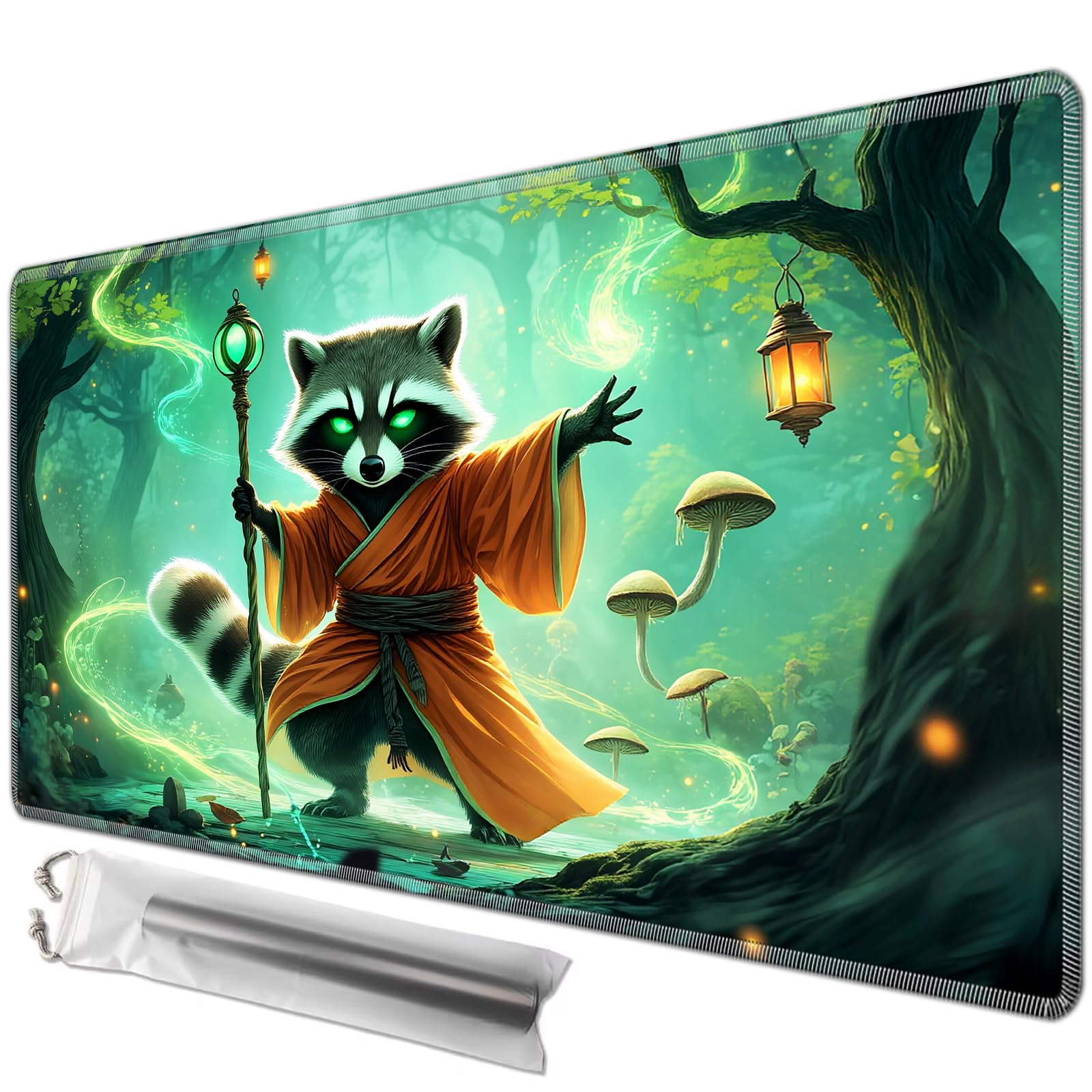 JANENFNA Playmat for MTG,Game Play Mat for MTG TCG 24 x 14 inches, Premium Stitched Non-Slip Rubber Tabletop, Magic Play mat Card Game Mat for Magic The Gathering,Battle Game,Forest Magician Raccoon