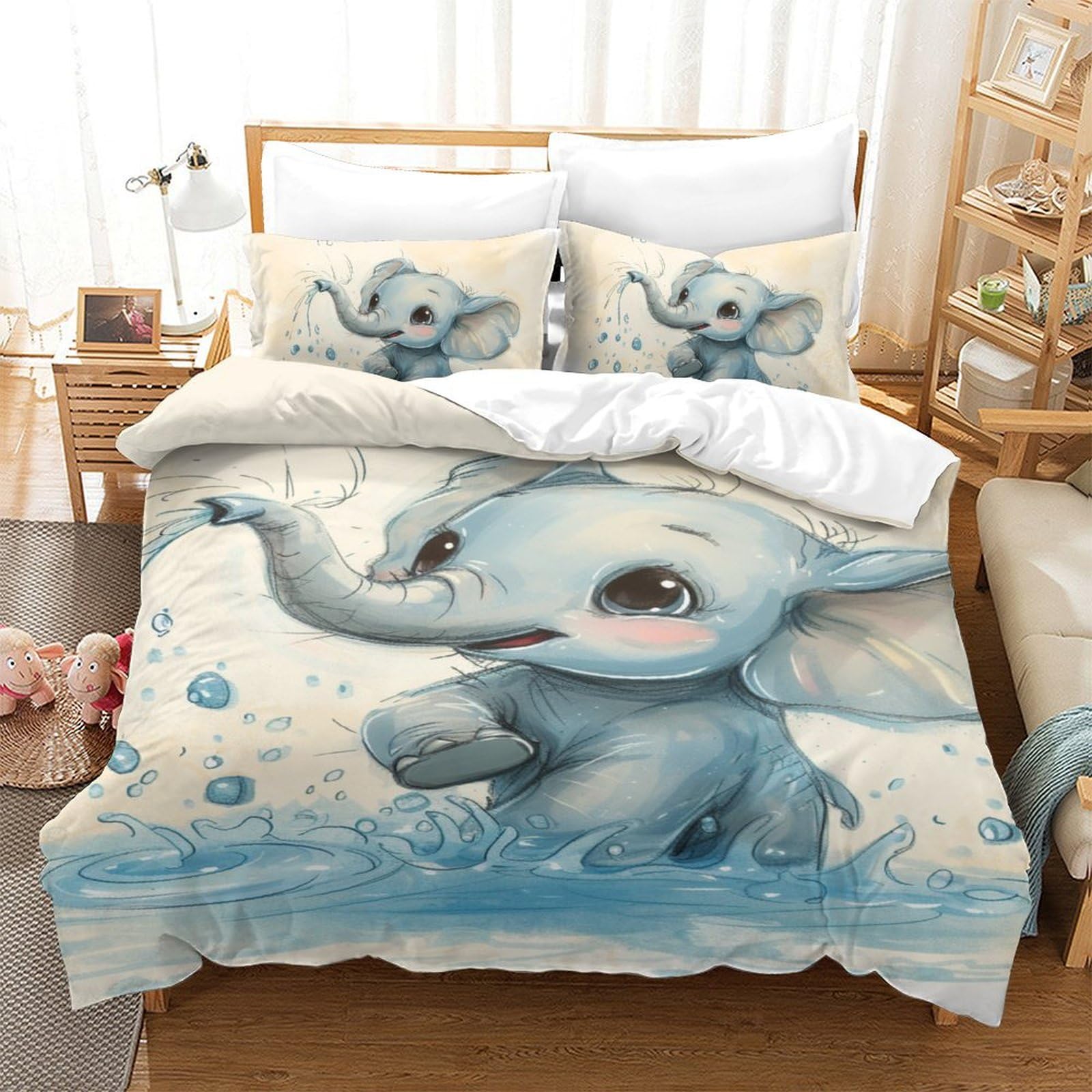 Housse de couette éléphant 3D anti-transpiration microfibre douce lit simple 140x200 3 pièces