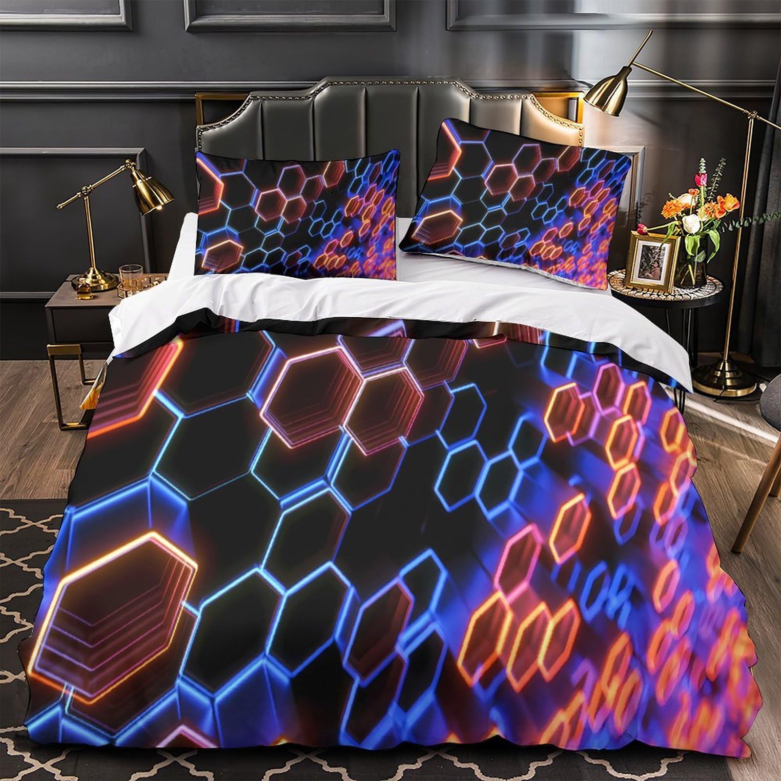 Housse de couette microfibre 3D 140x200cm parure de lit néon futuriste ado fille