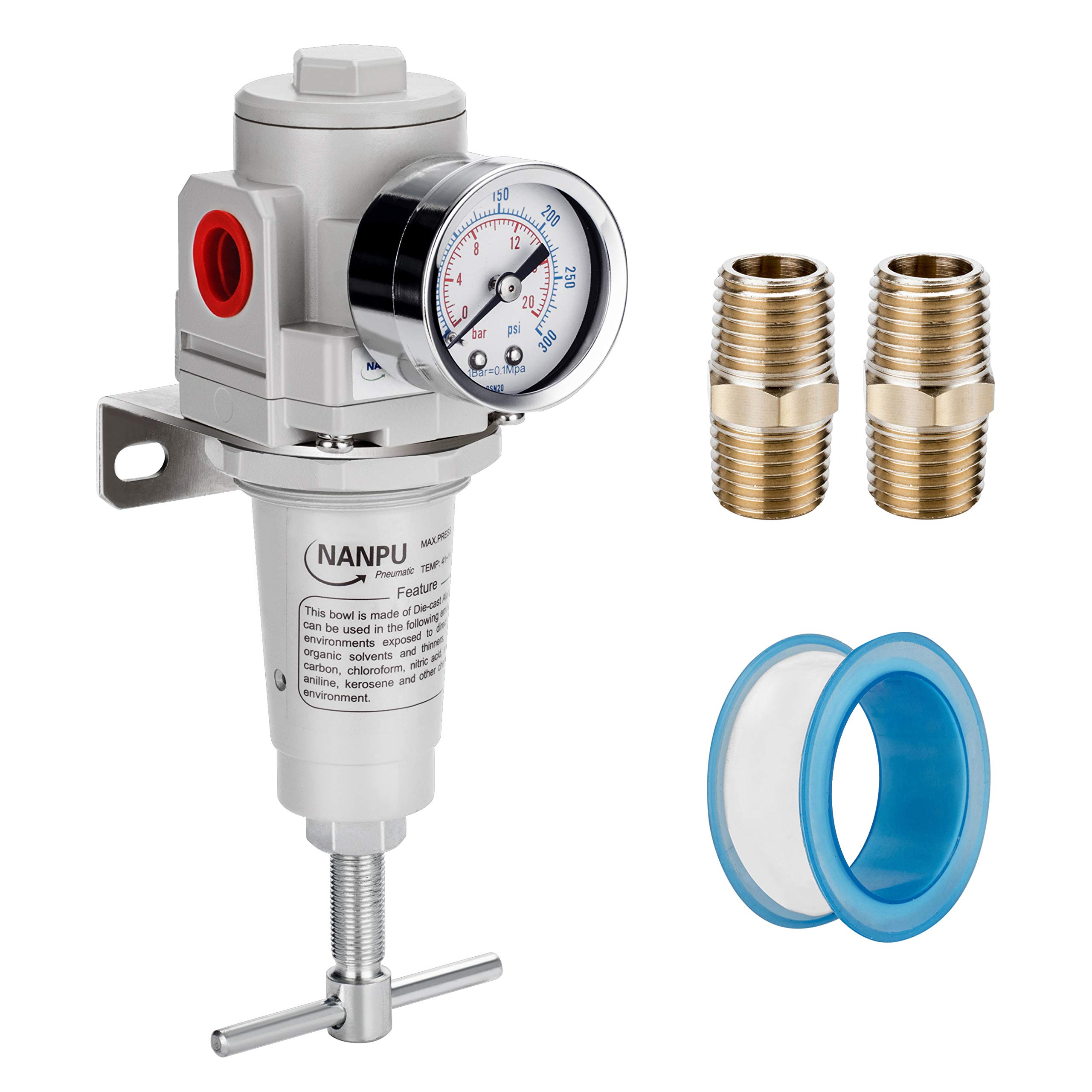 NANPU 1/2" NPT High Pressure Compressed Air Regulator, T-Handle, 0-300 psi Gauge & Metal Bracket