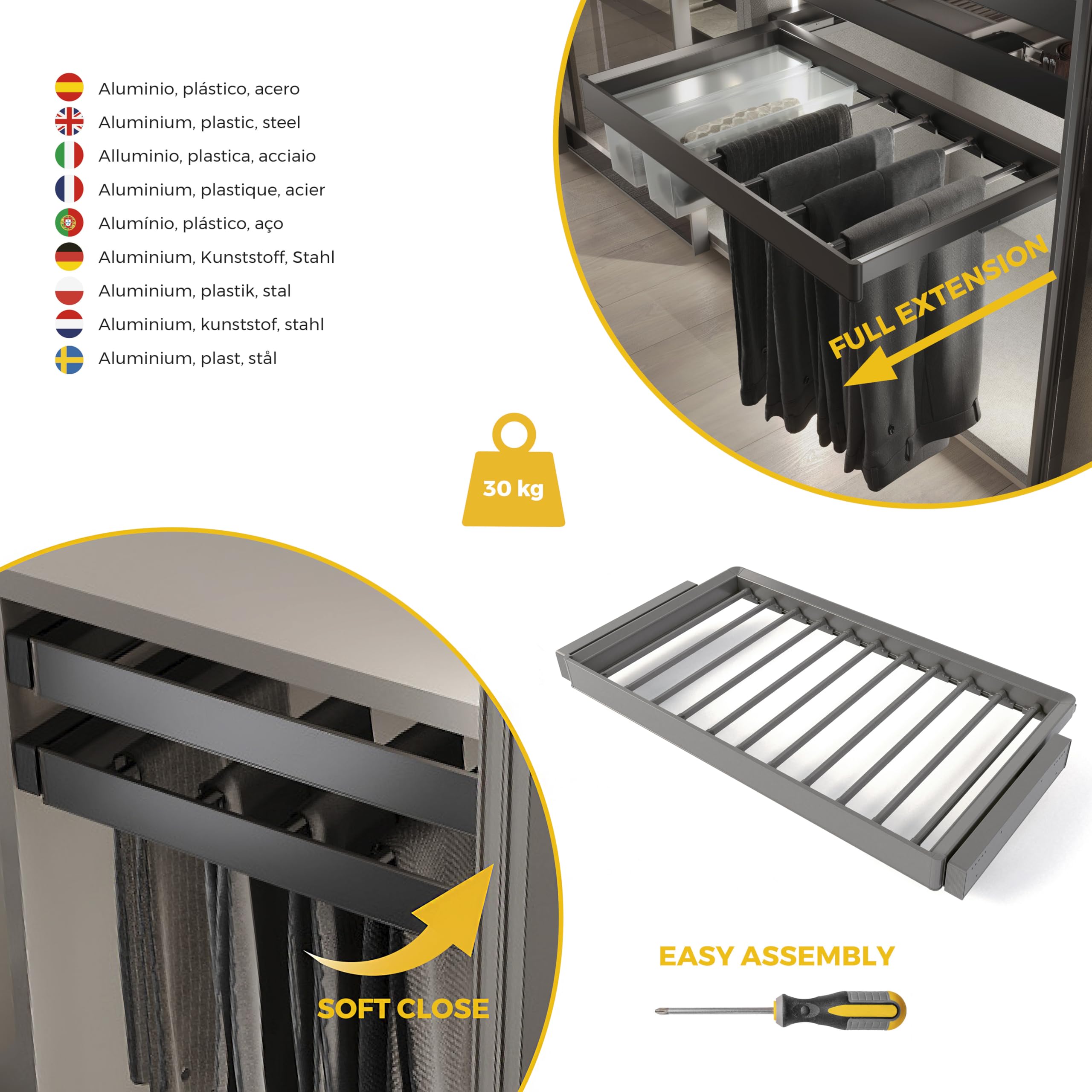 Emuca - Kit de porte-pantalon à 7tringles et rack ajustable Quartz pour armoires, glissières extension totale et à fermeture douce, Module 90cm, Finition Titane