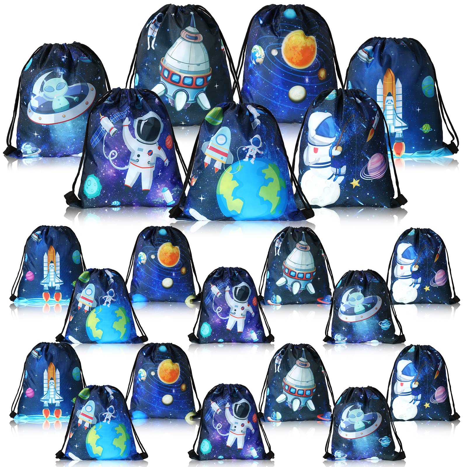 CHENGU 21 Pack Outer Space Party Favors Drawstring Bags Galaxy Birthday Party Supplies Starry Sky Solar System Goodie Gift Bags for Kids Boys Girls Loot Candy Snack School Travel Storage Backpack,