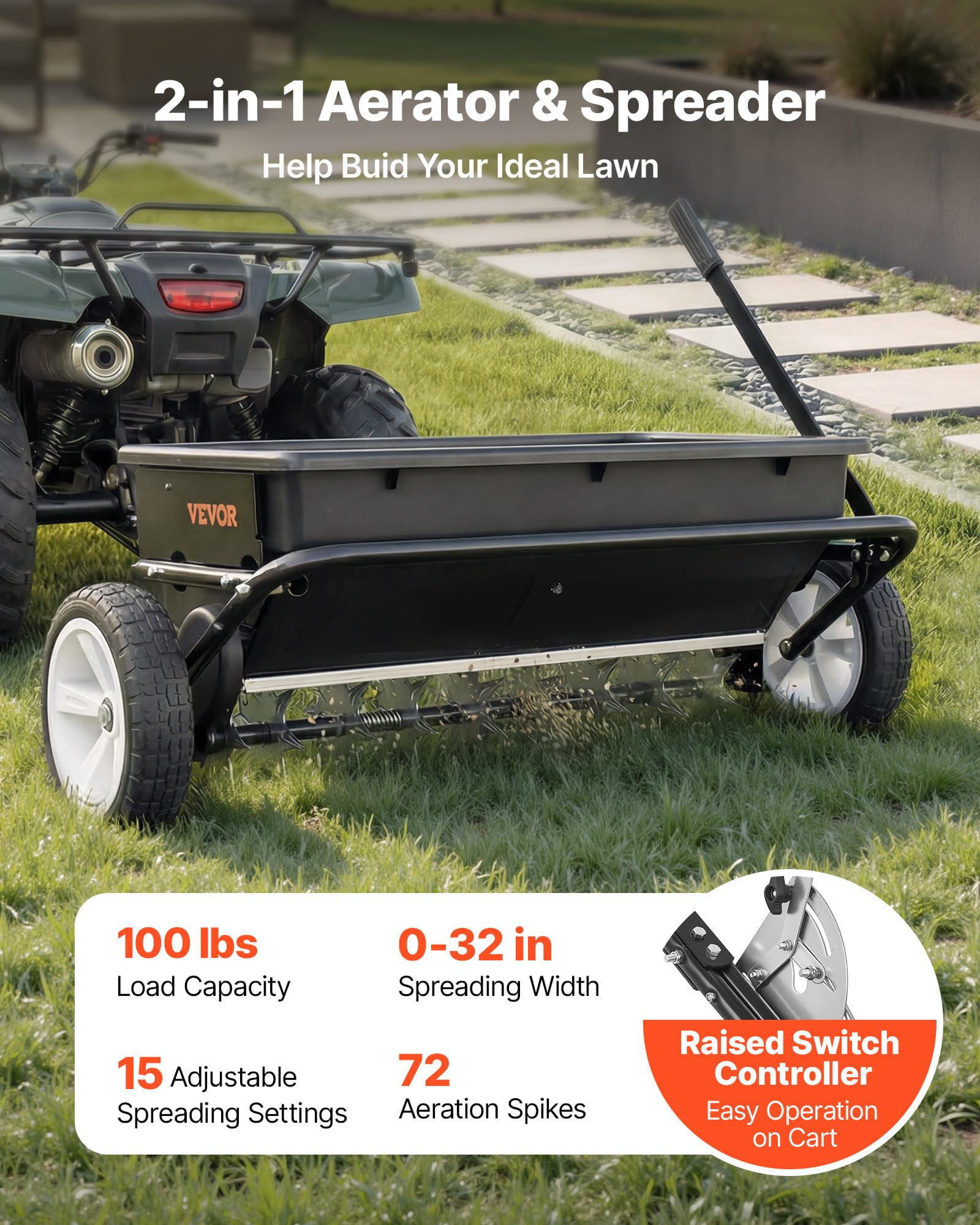VEVOR Épandeur Engrais Tracté 45 kg Épandeur à Semence à Remorquer avec Aérateur Gazon, Semoir pour Graines, Sel, Compatible avec VTT UTV, Largeur Épandage 81 cm, avec Attelage Universel, Roue 25,4 cm