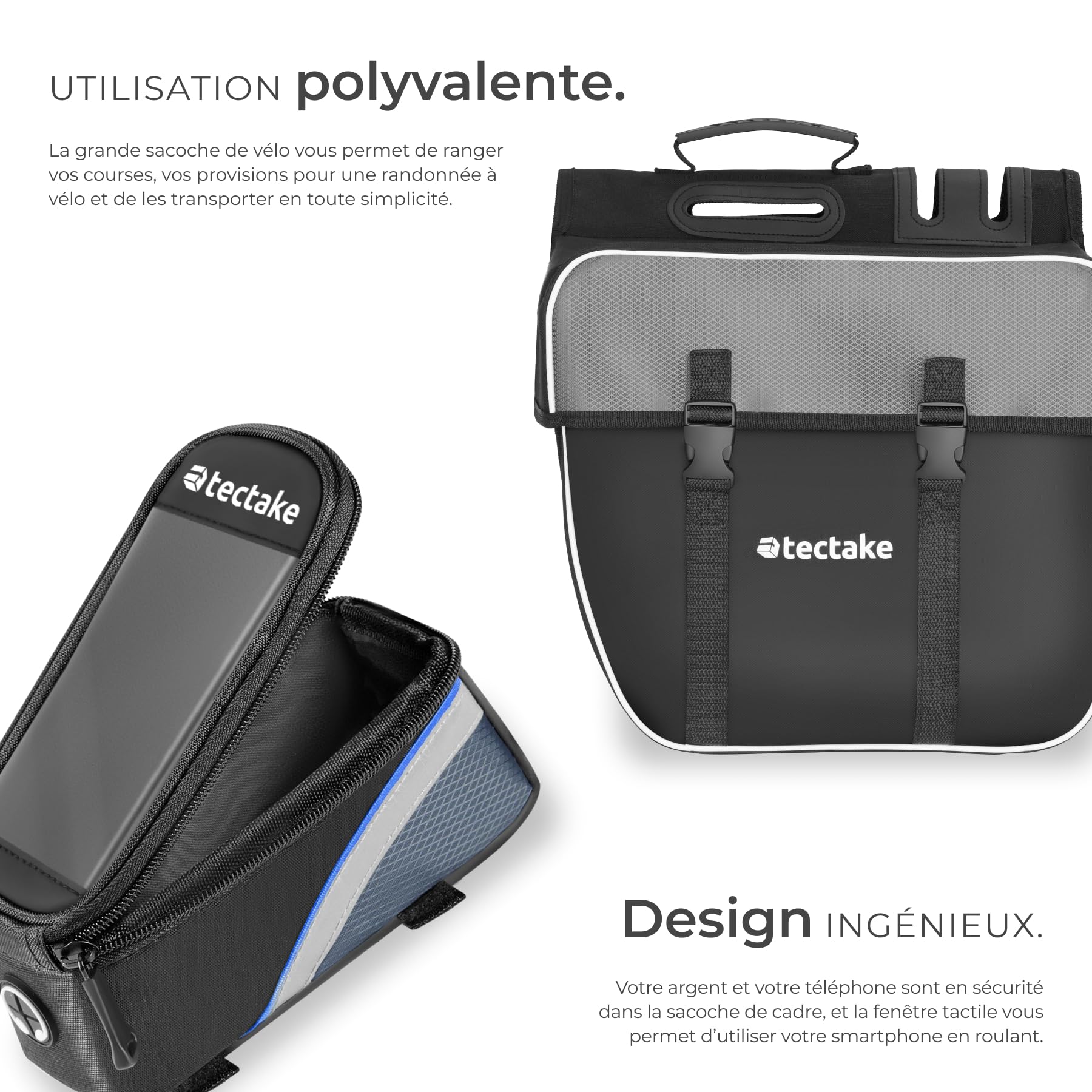 tectake® Ensemble Double Sacoche Velo Porte Bagages avec Bandes réfléchissantes et Sacoche de Cadre Support Téléphone Velo, Sacoches déperlantes pour Vélo électrique, Vélo, VTT, Cyclisme Sport Voyage