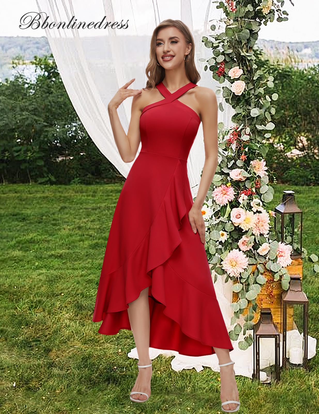 Bbonlinedress Vestido de noche elegante para boda, vestido festivo, vestido de cóctel para mujer, vestido extralargo de cóctel, rojo, L