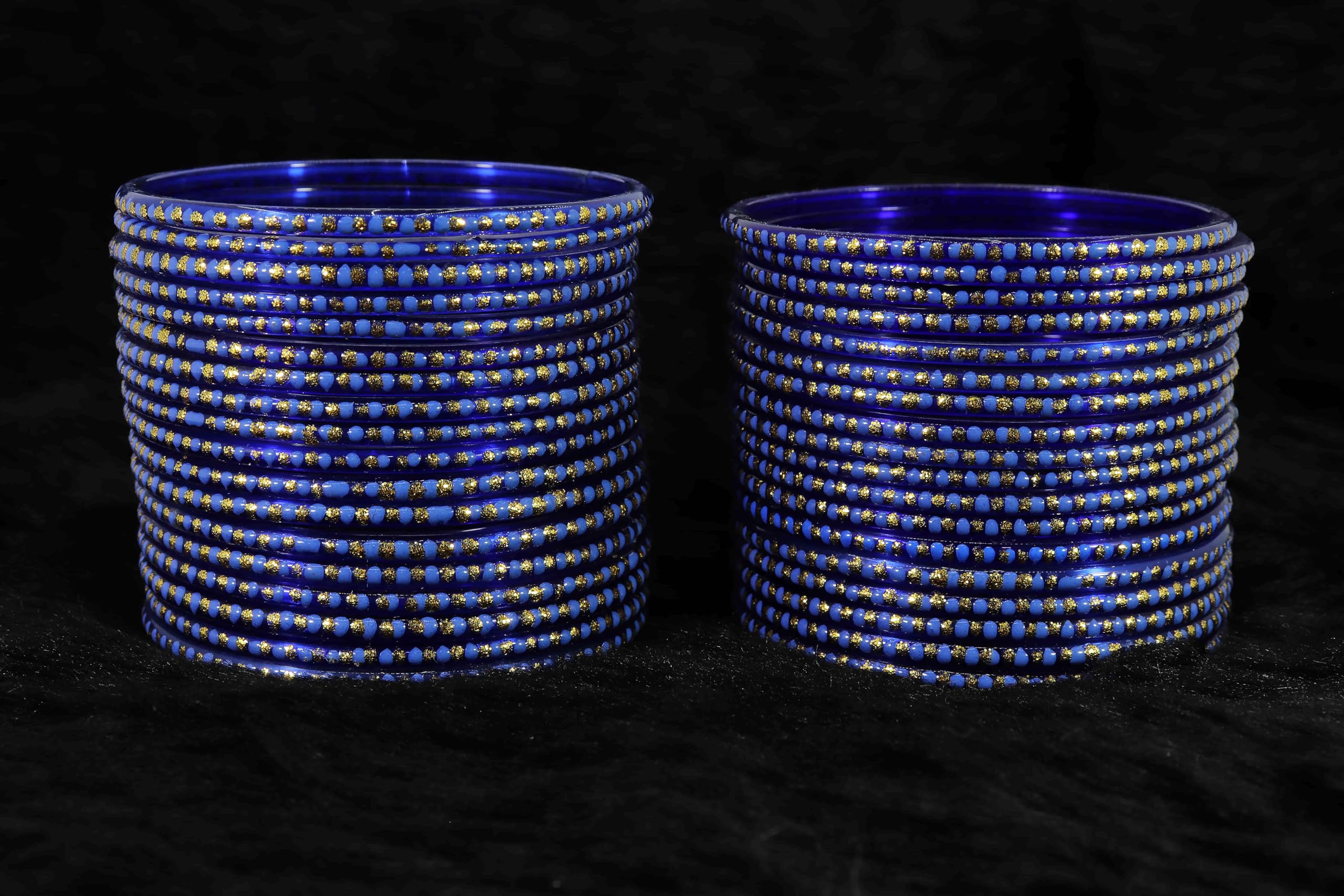 LAVAZZA Stylish Bangles Set for Women and Girls With Zircon Stone | Glass Bangles 2.4 | Trendy Chudiya Design | Golden Glitter Chudi Set - (KS6-Blue-2.4)